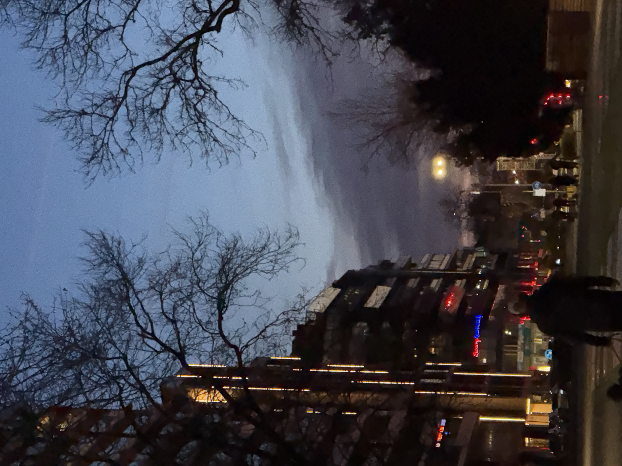 The image depicts a nighttime street scene in Burgas, Bulgaria. Bare trees frame the view towards a multi-story building with numerous horizontal rows of lights illuminating its facade. Streetlights provide additional illumination. There is some movement from passers-by. There are various commercial signs present, some lit with colored lights. The sky appears overcast and it is dark.