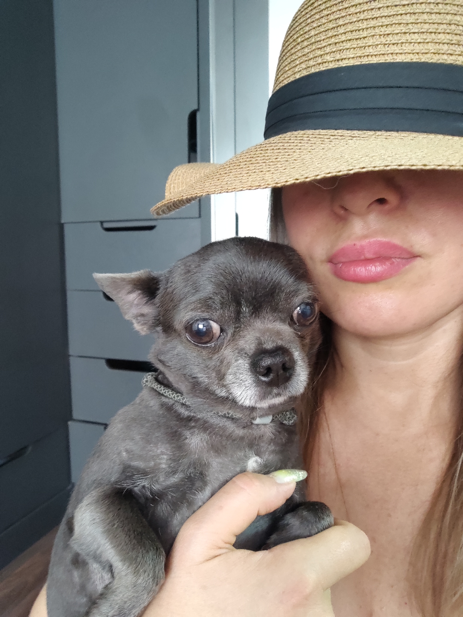 A medium shot shows a woman wearing a straw fedora hat with a black band, obscuring most of her face. She is holding a small, grey chihuahua dog in her arms. The dog's eyes are open, and it is looking towards the camera. The woman's lips are visible, painted with pink lipstick. Her fingernails are visible and appear to be painted with a light green glitter polish. In the background, there is a grey, multi-drawer cabinet. The scene appears to be indoors, possibly in a residential setting. The image does not provide specific information about the location within Almaty, Kazakhstan.