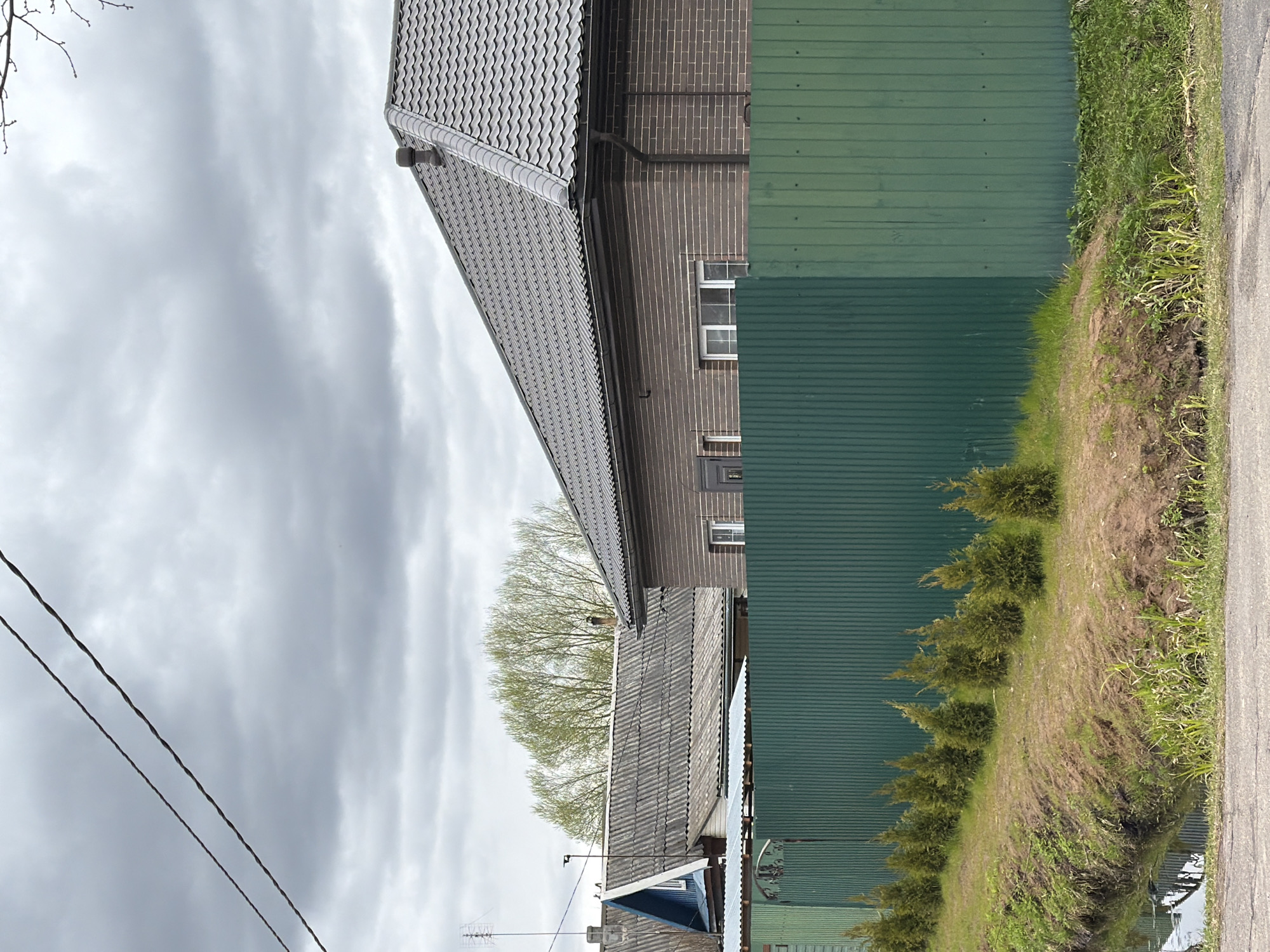 The image shows a street scene in Reshetnikovo, Russia. The view is along a road with buildings on one side. The buildings vary in style, with some brick, some green siding, and various roof types. There are trees with budding leaves visible between the buildings. An antenna is visible on one roof. Power lines run across the sky, which is overcast with gray clouds. Along the road, there is a narrow strip of land with grass and small evergreen bushes.