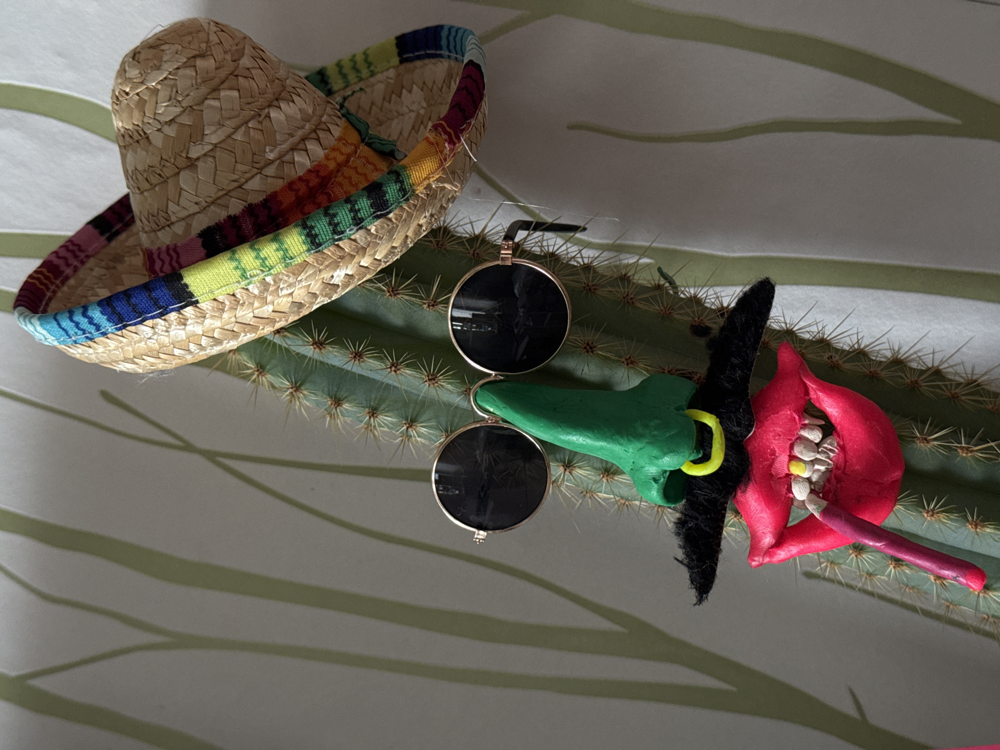 The image shows a still life arrangement of objects placed on a cactus. The arrangement includes a miniature straw sombrero with a colorful band, a pair of round sunglasses, and a small, surreal sculpture made of modeling clay depicting a grotesque face with a green nose, black hair, and large red lips with small white teeth and a red tongue. The cactus has spines, and the background is a white surface with light green branch-like patterns. There is no information to determine the location of Novo-Nikol'skoe, Russia from the image.