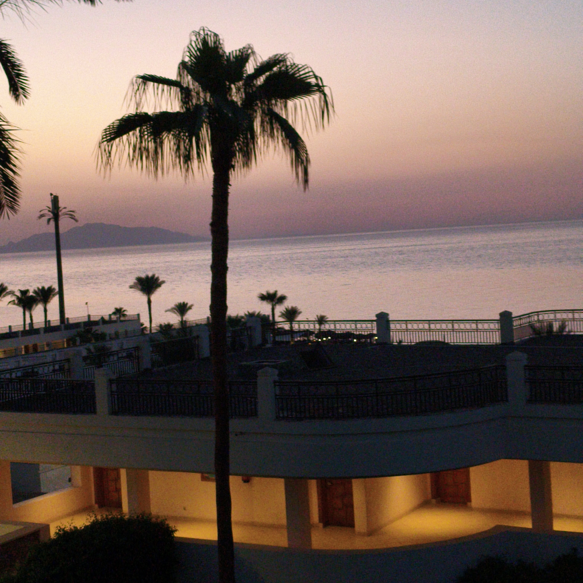 This is a landscape photograph taken at dusk of a coastal area. The sky is a gradient of soft purples and oranges, with a pale yellow hue near the horizon. The sea is visible in the background, appearing calm and reflecting the colors of the sky. A mountainous landmass is silhouetted against the horizon. In the middle ground, there is a building with multiple levels and a railing along the top. Several palm trees are scattered throughout the scene, some in the foreground and some in the background, silhouetted against the sky. The building appears to be a hotel or resort, with lit windows visible. The overall atmosphere of the image is serene and peaceful, capturing the beauty of a coastal sunset.