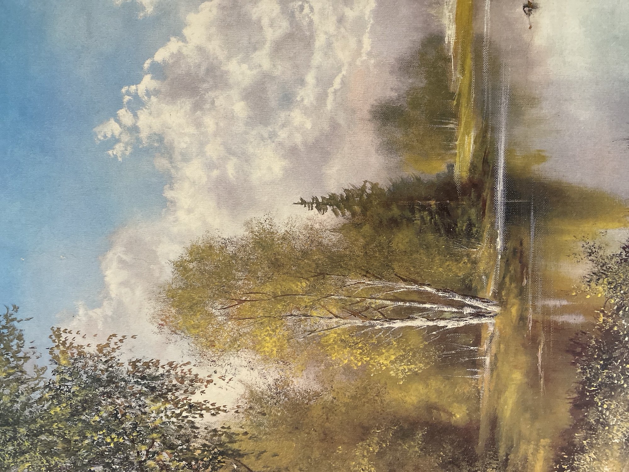 This is a painting of a serene lakeside scene. In the foreground, a tranquil body of water reflects the surrounding autumnal landscape. The left bank is densely wooded with trees displaying yellow and brown foliage, characteristic of fall. A prominent cluster of birch trees with white trunks stands out amidst the other trees. On the right bank, more trees are visible, with a tall evergreen tree in the middle ground. The sky above is a blend of blue and white, with soft, fluffy clouds. The overall impression is one of peaceful natural beauty during the autumn season.
The image provided is a painting and does not depict a specific location in Chernogorsk, Russia, or any other identifiable city. Therefore, no details regarding the city of Chernogorsk can be included in the description.