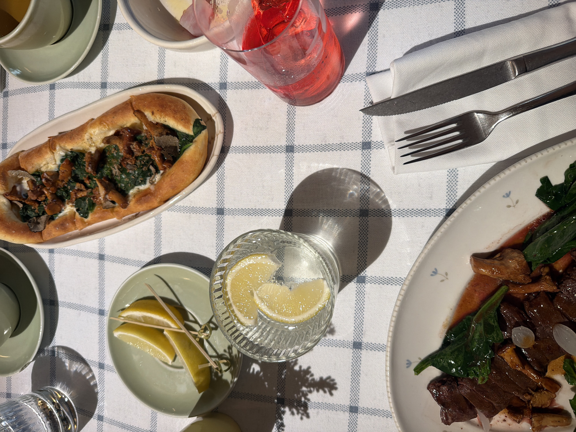 The image depicts a top-down view of a table set with food and drinks, likely in a restaurant. The table is covered with a white tablecloth featuring a blue checkered pattern.
On the table, several dishes and drinks are visible:
* A boat-shaped plate holds a long, flatbread dish topped with green vegetables, mushrooms, and what appears to be cheese.
* A small, light green plate contains three lemon wedges skewered with small wooden picks.
* A clear glass filled with water and two lemon slices sits next to the lemon plate.
* A tall glass with a reddish beverage, possibly a cocktail or juice, is also on the table. Ice cubes are visible within the drink.
* A white oval plate in the foreground contains a dish with dark meat slices, green leafy vegetables, and small mushrooms in a reddish sauce. There are also some small, translucent white spherical items, which could be onions or small dumplings.
* A white napkin is folded and placed to the right of the foreground plate, with a fork and knife resting on it. The fork is to the left, and the knife is to the right, with its serrated edge facing upwards.
* In the background, a light green teacup rests on a saucer.
* Another white bowl, partially visible, contains what looks like thinly sliced fruit, possibly apples or pears, and some pink elements.
* To the far left, a portion of a clear glass, possibly a water glass, is visible, showing condensation.
The lighting suggests natural light coming from the right, casting shadows from the glasses onto the tablecloth.
There are no people or animals visible in the image. The setting appears to be an indoor dining environment.
While the image provides a detailed view of the table setting and food, it does not contain any specific visual cues that would allow for the identification of its location within Moscow, Russia.