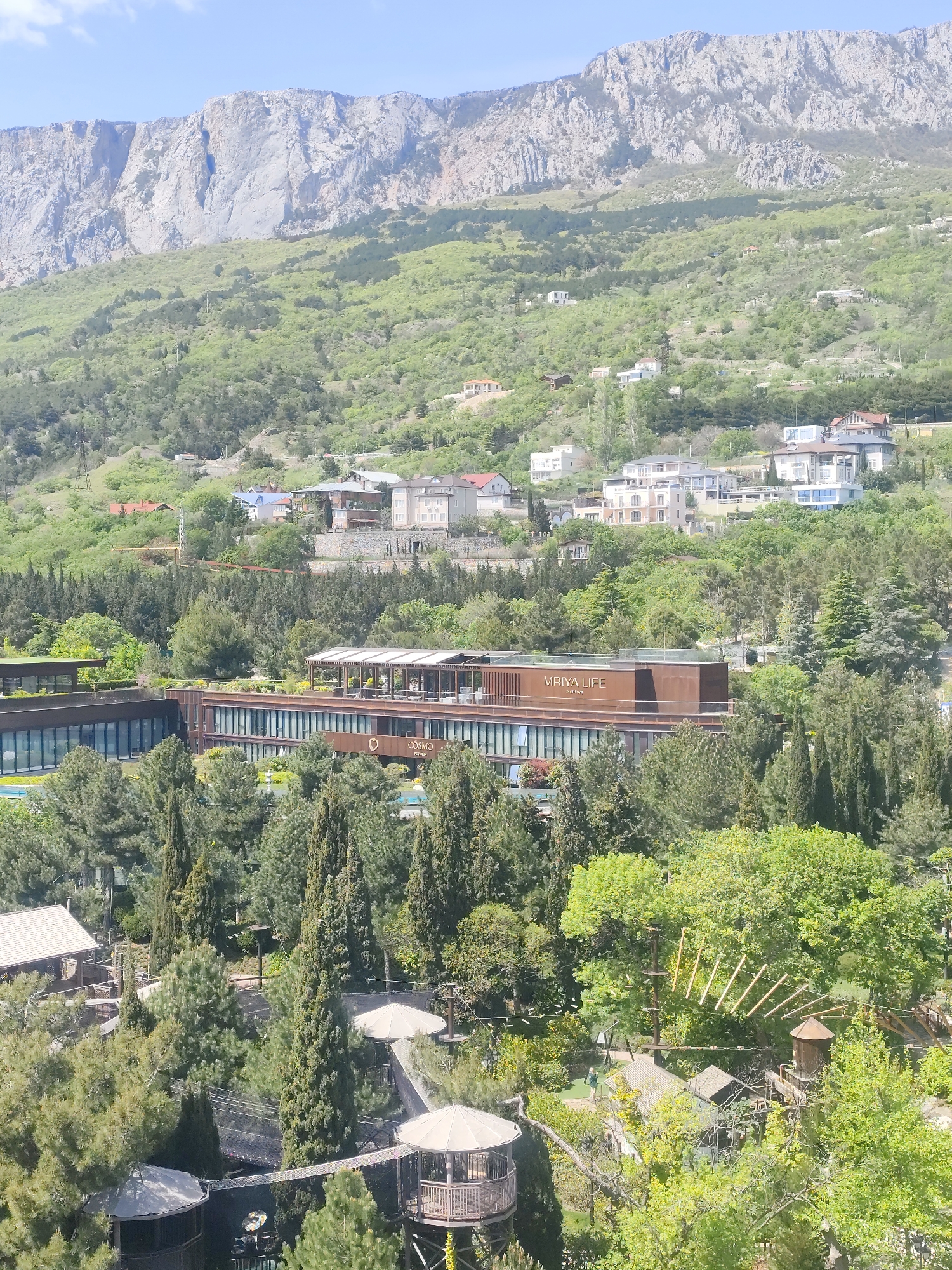 The image shows a view of a resort and surrounding area in Симеизский поселковый совет, Ukraine. In the foreground, there's a canopy walk or adventure park with treehouses and rope bridges among dense trees. Midground shows resort buildings, including a multi-story structure with large windows, possibly a hotel (MRIYA LIFE RESORT), behind a dense line of trees. Further up the slope is a residential area with houses visible amid the greenery. In the background looms a large, rocky mountain under a slightly cloudy sky.
