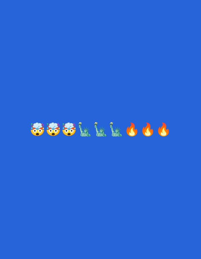 The image displays a digital graphic on a solid royal blue background. It does not depict a scene in Biliaivka, Ukraine, or any other real-world geographical location. A horizontal line of nine distinct emojis is centrally positioned across the lower portion of the frame. From left to right, the sequence comprises three 'exploding head' emojis (🤯), followed by three 'Statue of Liberty' emojis (🗽), and concludes with three 'fire' emojis (🔥). No human subjects, actions, or environmental details beyond the monochromatic blue field and the digital icons are present.