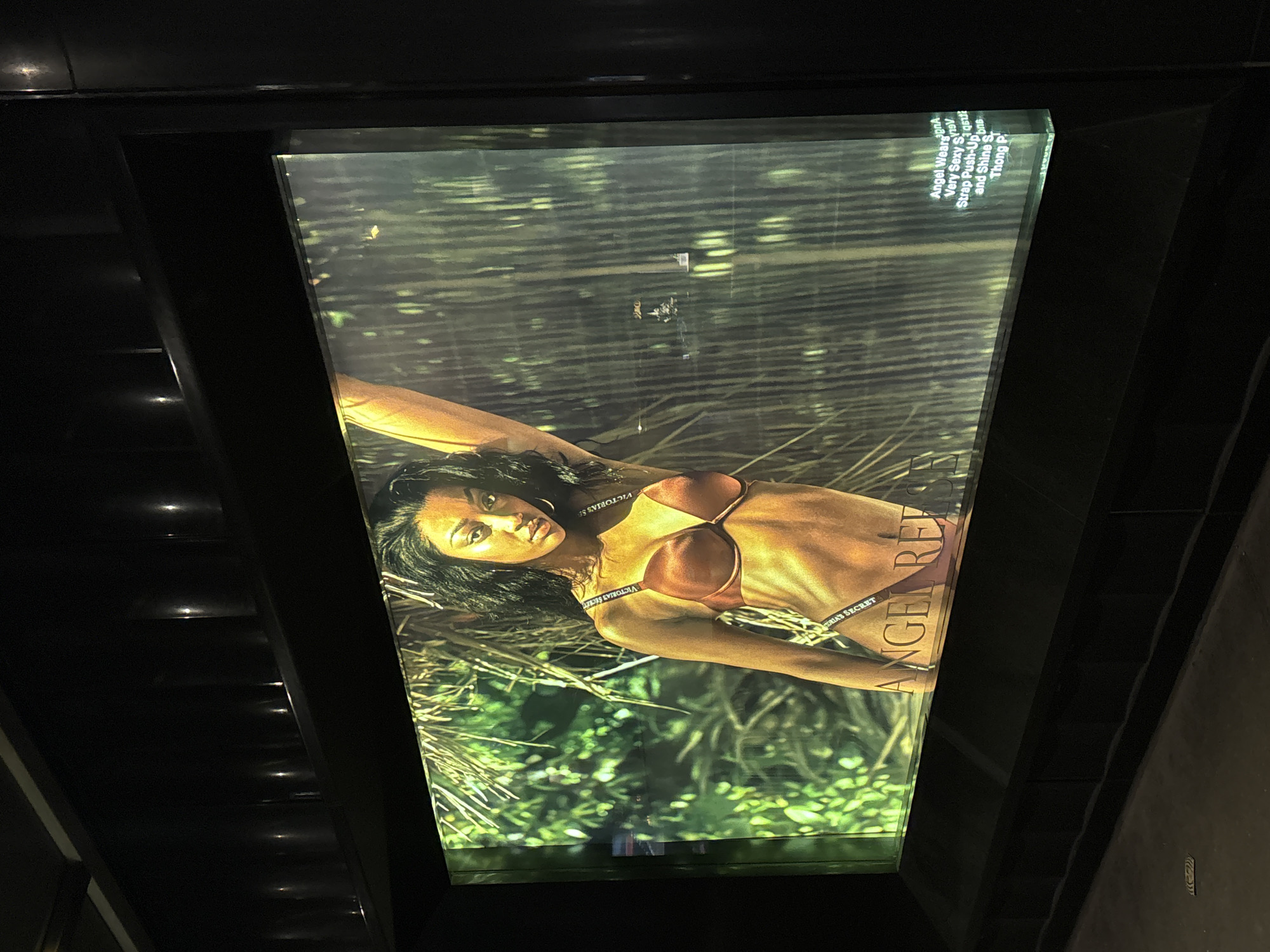 This media file captures a photograph of a vertically oriented, illuminated advertisement, likely a light box or screen, housed within a dark, possibly recessed, architectural frame.
The central subject of the advertisement is a woman with dark hair, shown reclining or lying down, with her gaze directed towards the viewer. She is wearing a copper-toned or reddish-brown bra, prominently featuring "VICTORIA'S SECRET" branding on its straps. The background of the ad depicts a natural environment characterized by green foliage and dry, straw-like vegetation, suggesting a tropical or jungle setting.
The model displays a serene or confident expression. The lighting within the advertisement is warm, highlighting her skin tones.
Visible text includes "VICTORIA'S SECRET" on the bra straps. Large, vertically aligned text on the right side of the display partially reads "ANGEL READY" (with some distortion, appearing as "ANGENRER"). In the upper right corner, smaller text details product information: "Angel Wears BnA", "Very Sexy S9", "Strap Push-Up", "and Shine S", and "Thong P", indicating details about the lingerie collection. The overall image portrays a promotional display for Victoria's Secret.