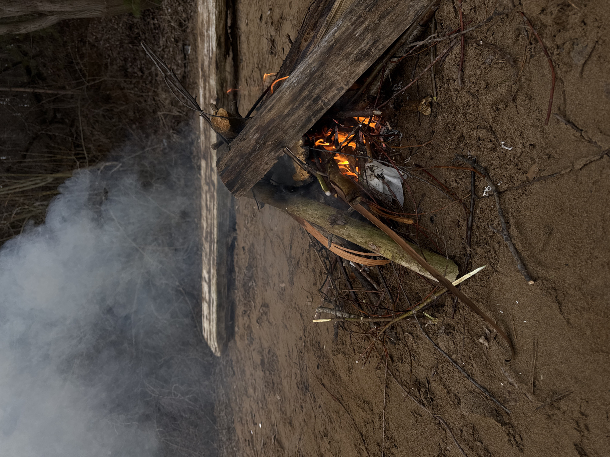 The image depicts a small fire burning on a sandy surface, possibly a beach or riverbank. The fire is composed of twigs, small pieces of wood, and what appears to be a piece of paper or other debris. A larger piece of weathered wood is positioned over the fire, partially covering it. Smoke is emanating from the fire, drifting to the left side of the image. The surrounding area consists of sand, with scattered twigs and small branches. The background shows blurry vegetation or trees, suggesting a natural environment. The location is reported to be in the city of Chaikovsky, Russia. There are no people visible in the image. The primary action is the burning of the fire, consuming the available fuel. The environment appears to be outdoors, likely near a body of water.