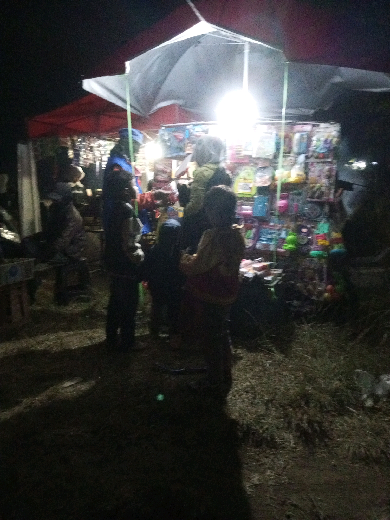At night in the city of Ngadikerso, Indonesia, a temporary stall is set up with a canopy and lighting. The stall displays various items, including what appear to be toys and packaged goods. Several people are present, some of whom appear to be children, interacting with the stall and its merchandise. The ground is covered with grass and dry leaves, indicating an outdoor setting. The lighting suggests the scene is illuminated by artificial light sources, likely from the stall itself. The overall impression is of a small, localized market or fair taking place after dark.