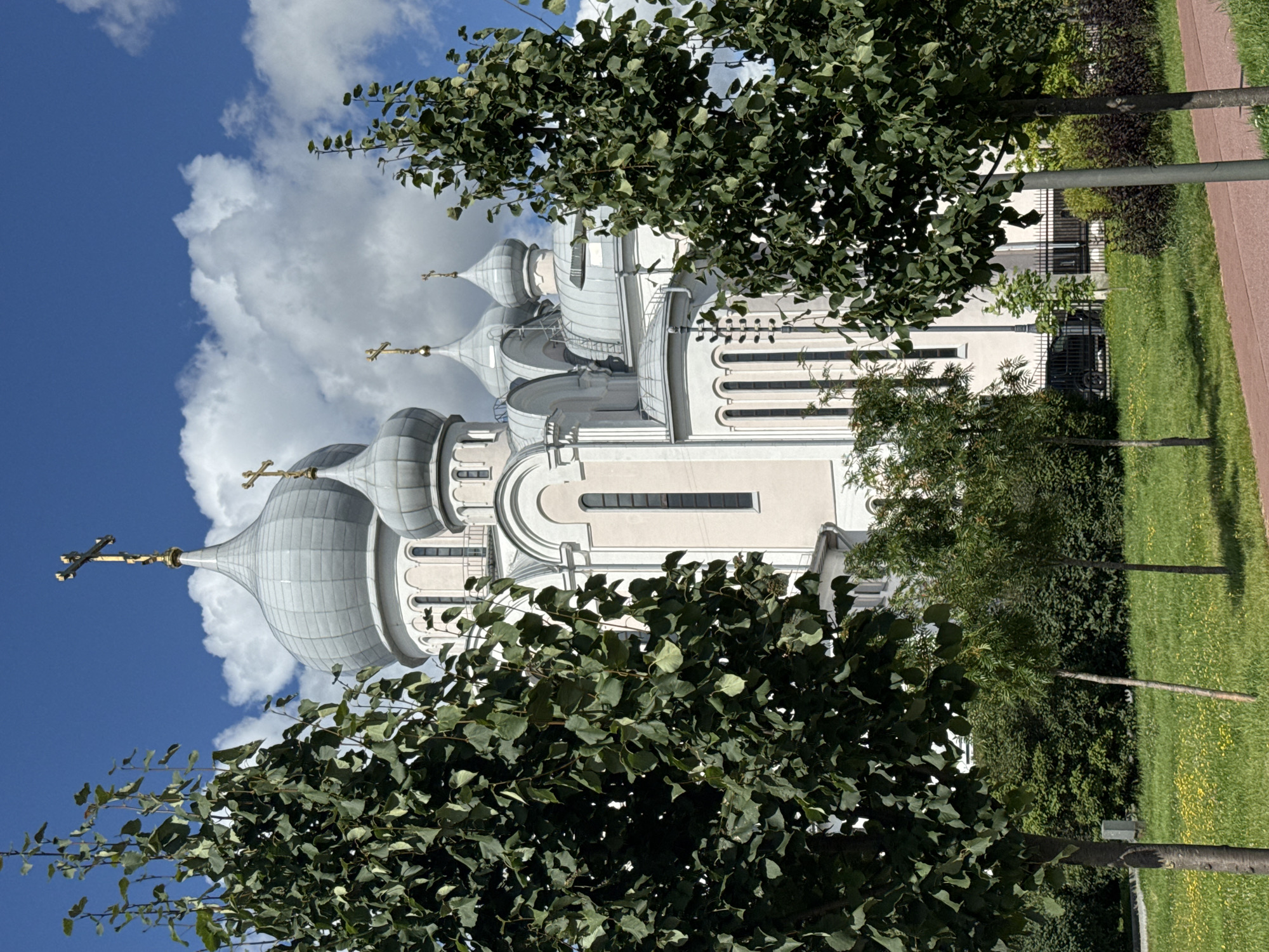 The image shows the Church of the Icon of the Mother of God of All the Afflicted in Saint Petersburg, Russia, on a sunny day with scattered clouds. The church's white facade and silver domes are visible behind several trees with green foliage. In the foreground, a paved path runs along a grassy lawn dotted with small yellow flowers. The trees obscure parts of the church structure, but its domes, crosses, and arched windows are discernible. A black car is parked behind a black fence in the background, partially visible.