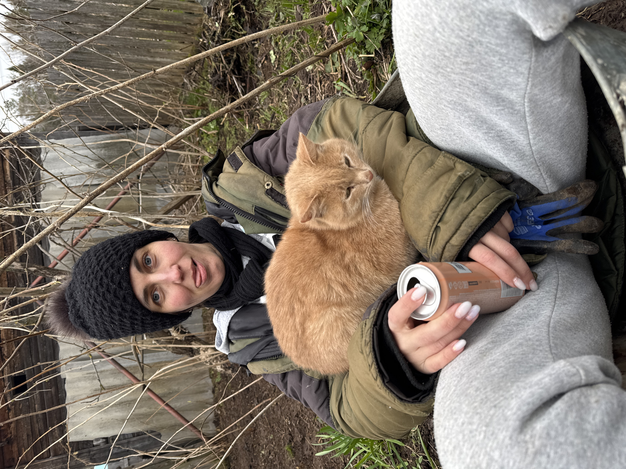 The image captures a slightly tilted, overhead view of a person and a cat in an outdoor setting in Вассята, Russia. The person, likely female, is wearing a black knitted beanie with a dark fur pompom, a dark green padded winter jacket, a black scarf, and light grey sweatpants. She has light-colored eyes and is playfully sticking out her tongue.
A relaxed, light orange tabby cat is cradled comfortably on her lap, looking slightly to the right. The person holds a peach or light pink aluminum can with a white design and illegible Latin text in her right hand. Her fingernails are adorned with a light, glittery polish. Nearby on her lap are a pair of soiled blue work gloves.
The background suggests a rustic or rural environment, dominated by numerous bare, tangled branches and twigs, indicating late autumn, winter, or early spring. A weathered wooden fence and possibly other structures are visible through the branches. The ground beneath shows patches of muddy earth interspersed with some green vegetation. The lighting is overcast, creating a soft, diffused illumination.