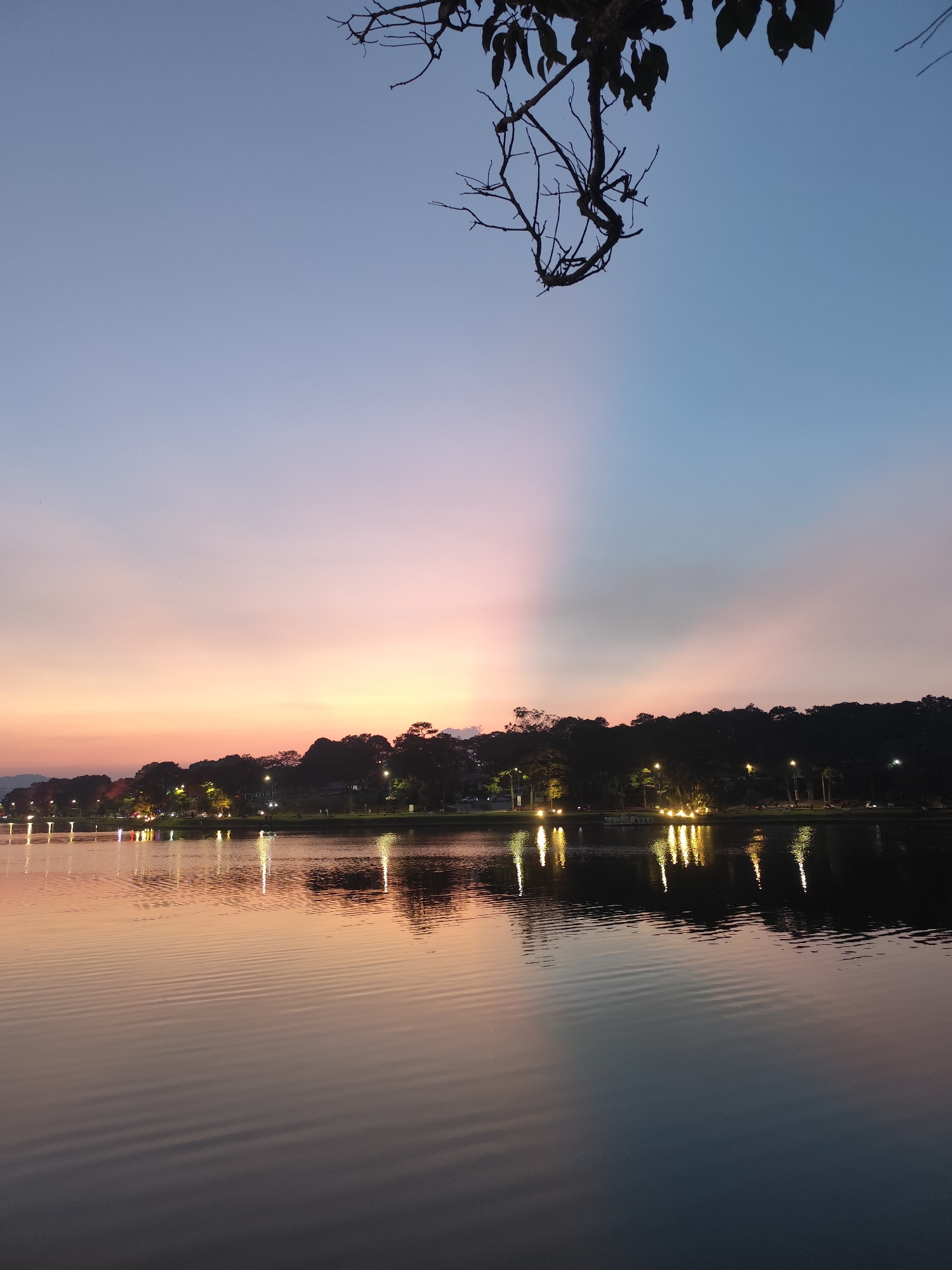 A scenic view of Xuan Huong Lake in Da Lat, Vietnam, at dusk. The sky is a gradient of blues and pinks with defined crepuscular rays radiating from behind a treeline. The lake’s surface is rippled, reflecting the city lights and the sky. The distant treeline is silhouetted against the sky, punctuated by glowing lights. Branches of a tree are partially visible at the top of the frame. No people are visible.