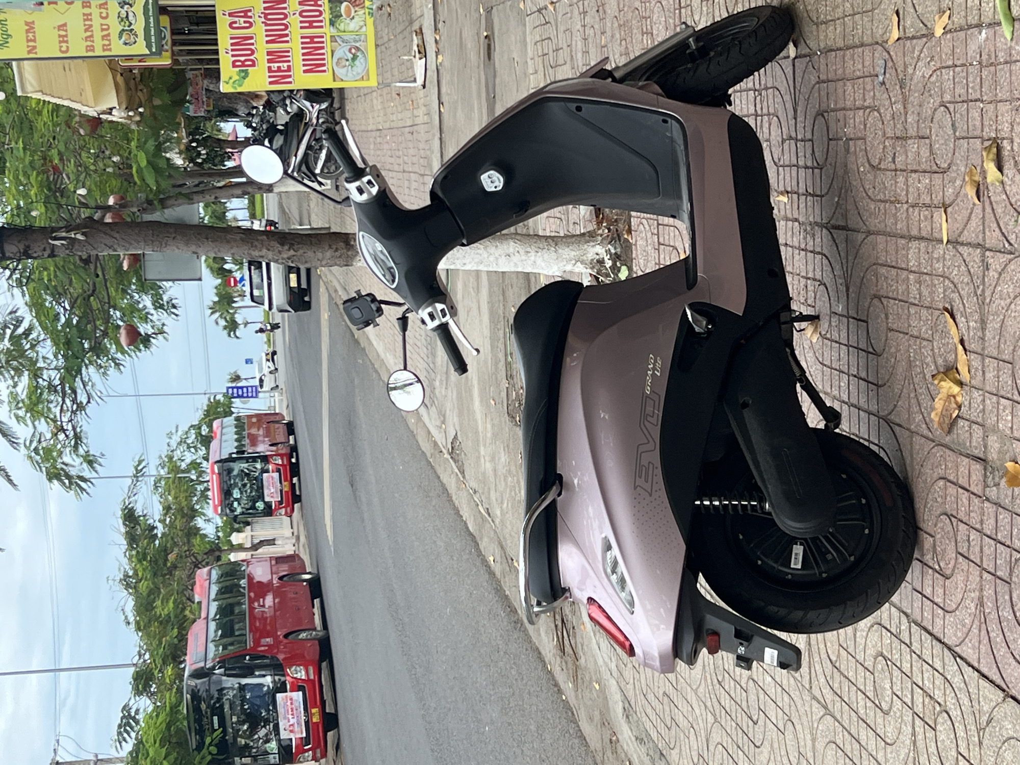 A daytime street scene in Bac Nha Trang Ward, Vietnam, features a light pink/mauve "EVO GRAND Lite" electric scooter parked on a patterned tiled sidewalk, facing towards the left. Yellow leaves are scattered across the sidewalk near the scooter's rear wheel.
To the left of the scooter, a tree with large, reddish, oval-shaped fruits or pods stands near a building. Above the tree, several brightly colored signs with Vietnamese text are visible, advertising local cuisine. The signs display "BÚN CẢ" (Fish noodle soup), "NEM NƯỚN" (Grilled fermented pork roll), "NINH HÒA" (Ninh Hoa style), "Ngon" (Delicious), "NEM CHẢ" (Fermented pork roll and pork sausage), and partially visible "BÁNH B" (likely a type of cake) and "RAU CÂ" (vegetables).
Behind the scooter and across the street, several red mini-buses are parked in a line. Some of the buses have white signs with text, including "LÀM RA". Lush green trees line the street, and the sky overhead appears overcast. The overall impression is a quiet moment on a bustling street in a Vietnamese city or town.