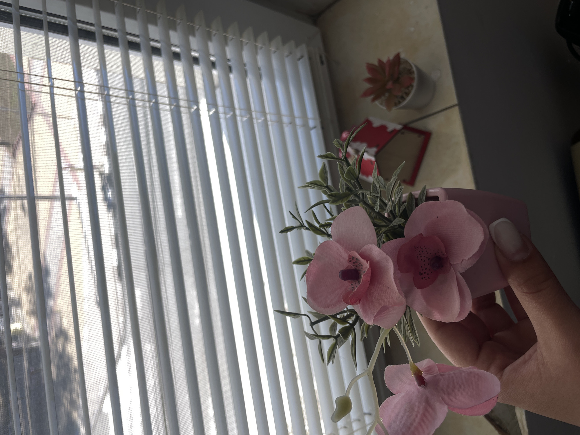 A close-up shot of a person holding a pink mug with pink artificial orchids and greenery near a window with white blinds. In the background, a small potted succulent and a picture frame rest on a surface. The location is unknown, and there is no indication of Sungurlare, Bulgaria.