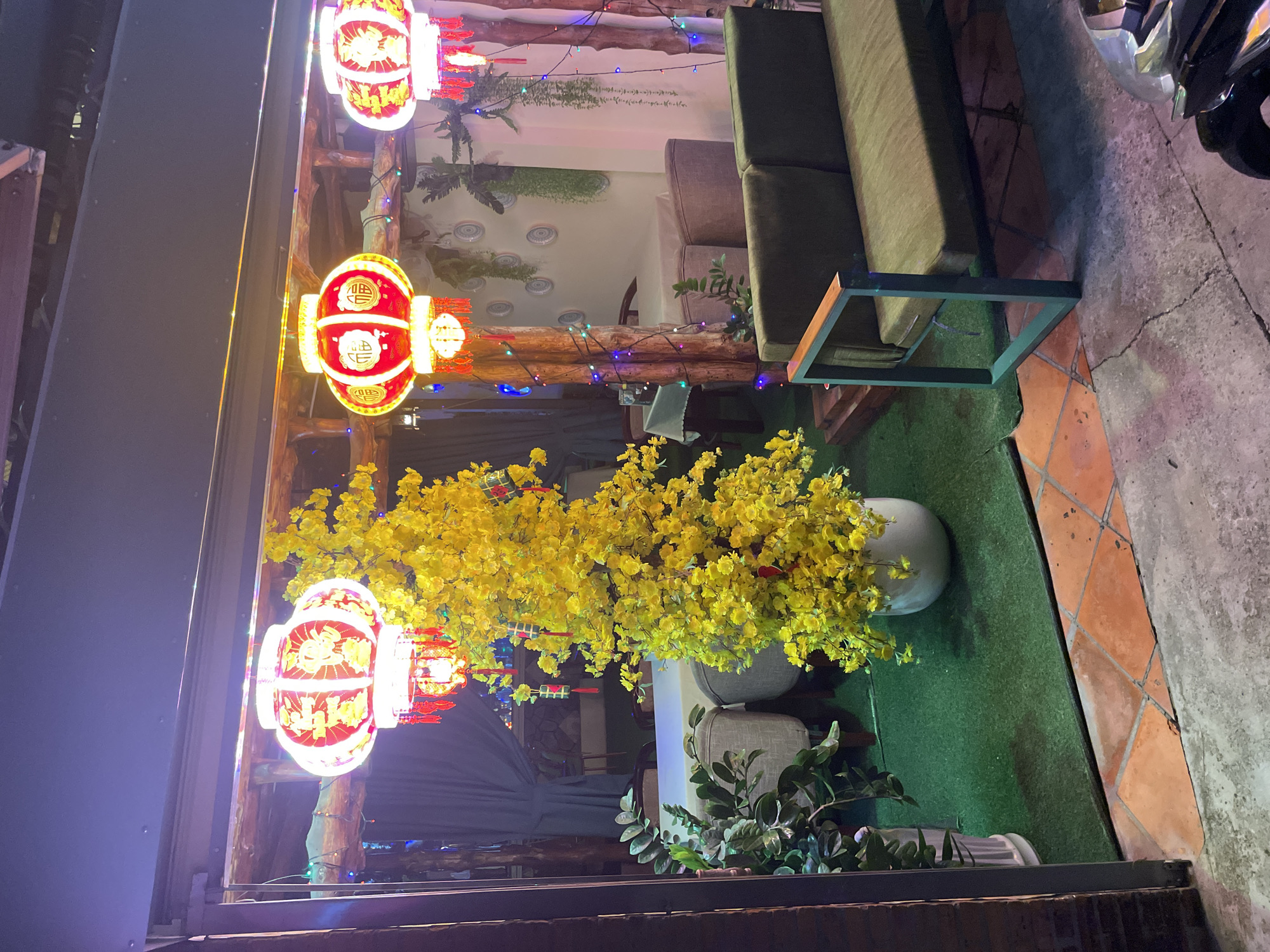The image shows an outdoor seating area in Phu Thuy Ward, Vietnam. The area is decorated with traditional red and gold lanterns, hanging from wooden beams adorned with colorful fairy lights. A large arrangement of bright yellow flowers is positioned in the foreground. A green couch sits along the edge of the space, with a small table nearby. The floor is a mix of artificial grass and orange tile. The surrounding environment is dimly lit.
