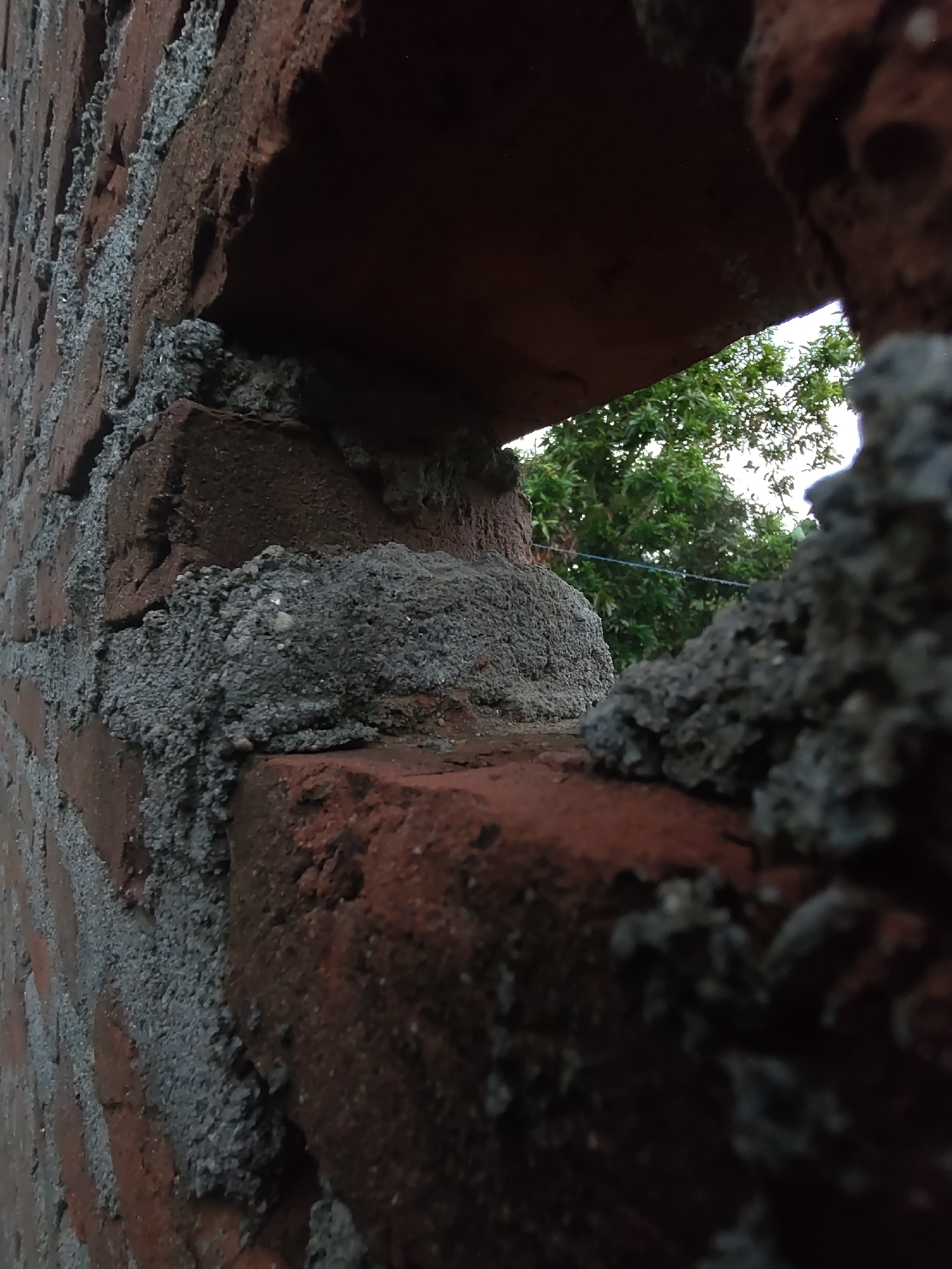 A close-up, low-angle shot focuses on a hole in a brick wall, revealing a glimpse of green foliage and a cloudy sky beyond. The bricks are a dark reddish-brown, interspersed with rough, grey mortar. The hole itself is irregular in shape, with jagged edges of brick and mortar. The mortar appears to be freshly applied in some areas, with a rough, pebbled texture. In the background, through the opening, leafy green trees are visible against a bright, overcast sky, suggesting an outdoor setting, possibly a garden or park. The composition draws attention to the texture and detail of the brickwork, contrasting with the softer, organic shapes of the foliage. This scene is located in Ubitpayaitek, Indonesia.