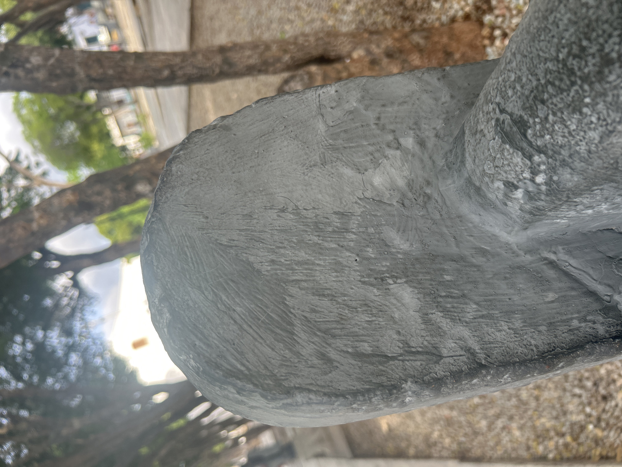 The image shows a close-up of a gray, textured, possibly concrete or stone, object in the foreground. The object is curved and appears to be part of a larger structure. The background is out of focus but reveals a tree-lined area with gravel on the ground and some buildings in the distance. The lighting suggests it is daytime with sunlight filtering through the trees. The location is identified as Santa Ana, Venezuela. No people or specific actions are depicted.