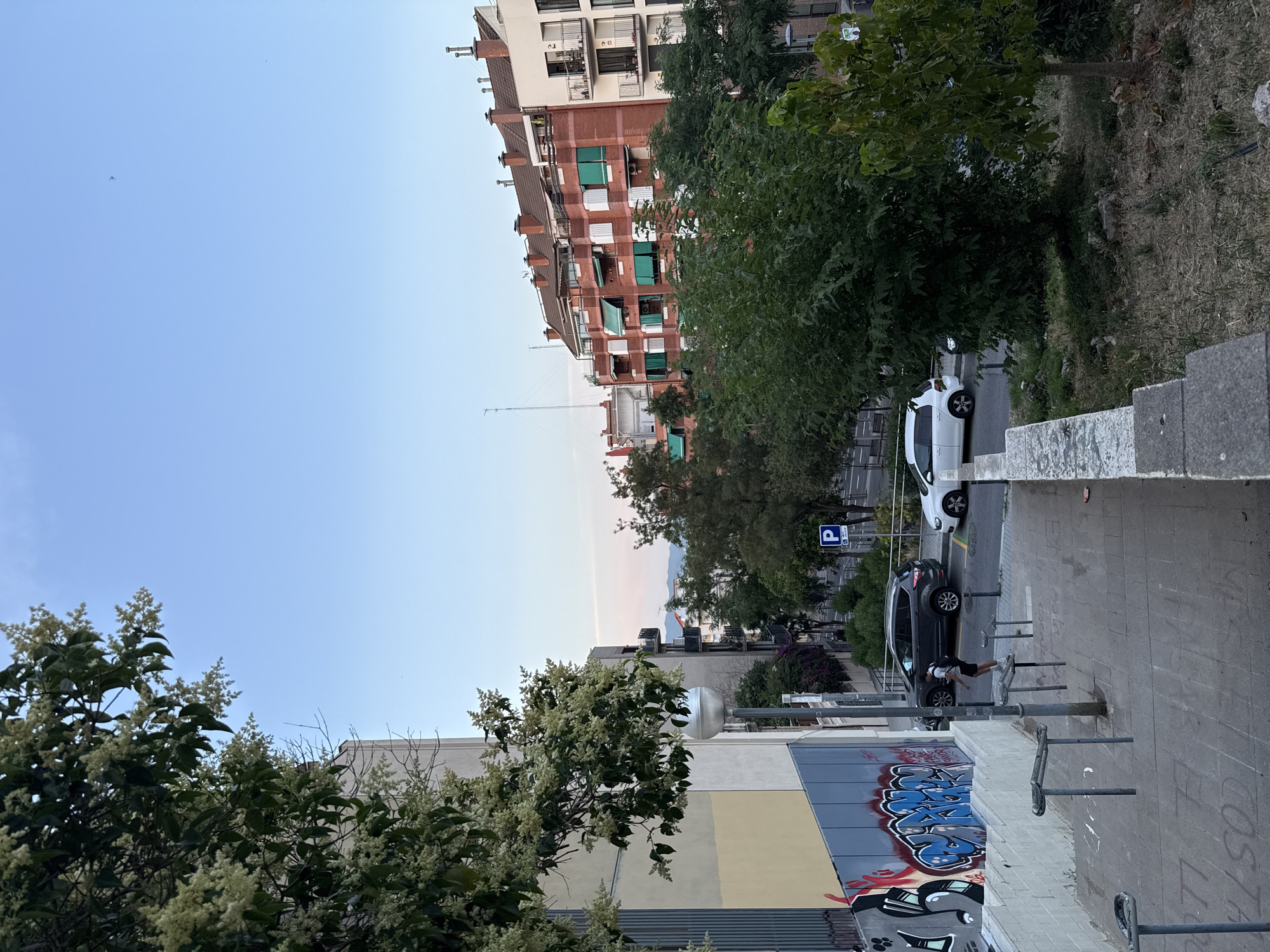 This image depicts a street scene in Barcelona, Spain, taken from a slightly elevated perspective looking down a set of stairs. The sky is clear and blue, with a faint band of pinkish light near the horizon, suggesting it is either early morning or late evening.
In the foreground, a concrete staircase with metal railings descends. The walls adjacent to the stairs feature graffiti, primarily in blue and red. A single street lamp with a round, white fixture stands near the middle of the stairs. A person, wearing a black t-shirt and shorts, is standing on the railing of the staircase, appearing to balance.
Further down the stairs, a dark-colored SUV is parked on the street, alongside a white car. A blue parking sign with a white 'P' is visible on the sidewalk. Trees and bushes line the street, with a building constructed of red brick and white stucco visible in the background. This building has multiple balconies and red-tiled roofs. Another taller building, partially white, is located to the right of the red-brick building. The overall impression is a residential urban environment.