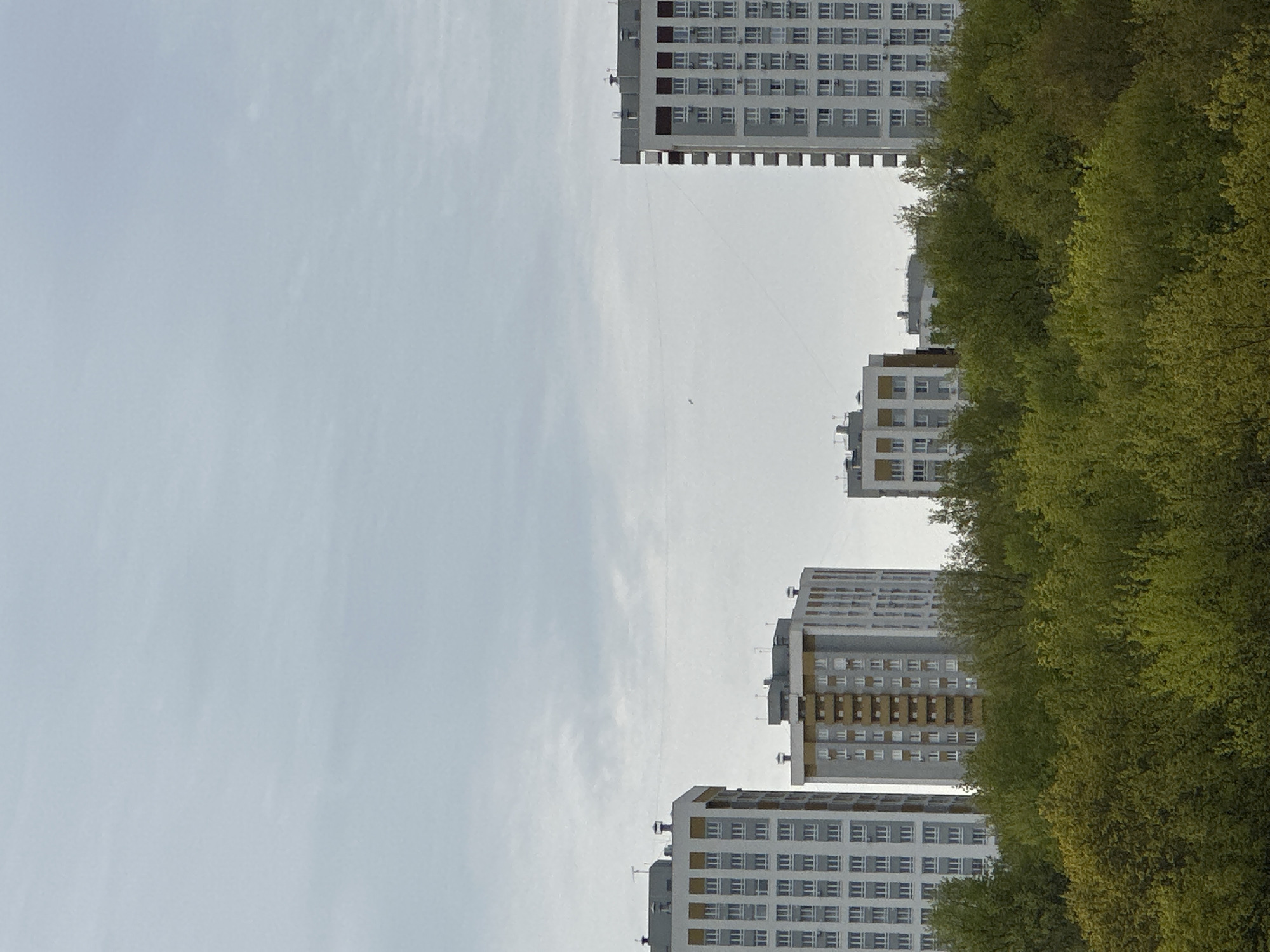 The image shows a view of several high-rise buildings adjacent to a dense line of trees, taken in Nizhny Novgorod, Russia. The buildings are primarily white and gray with repetitive window patterns, and some have a yellow trim. The trees are full with green foliage. The sky is overcast with a pale gray hue.