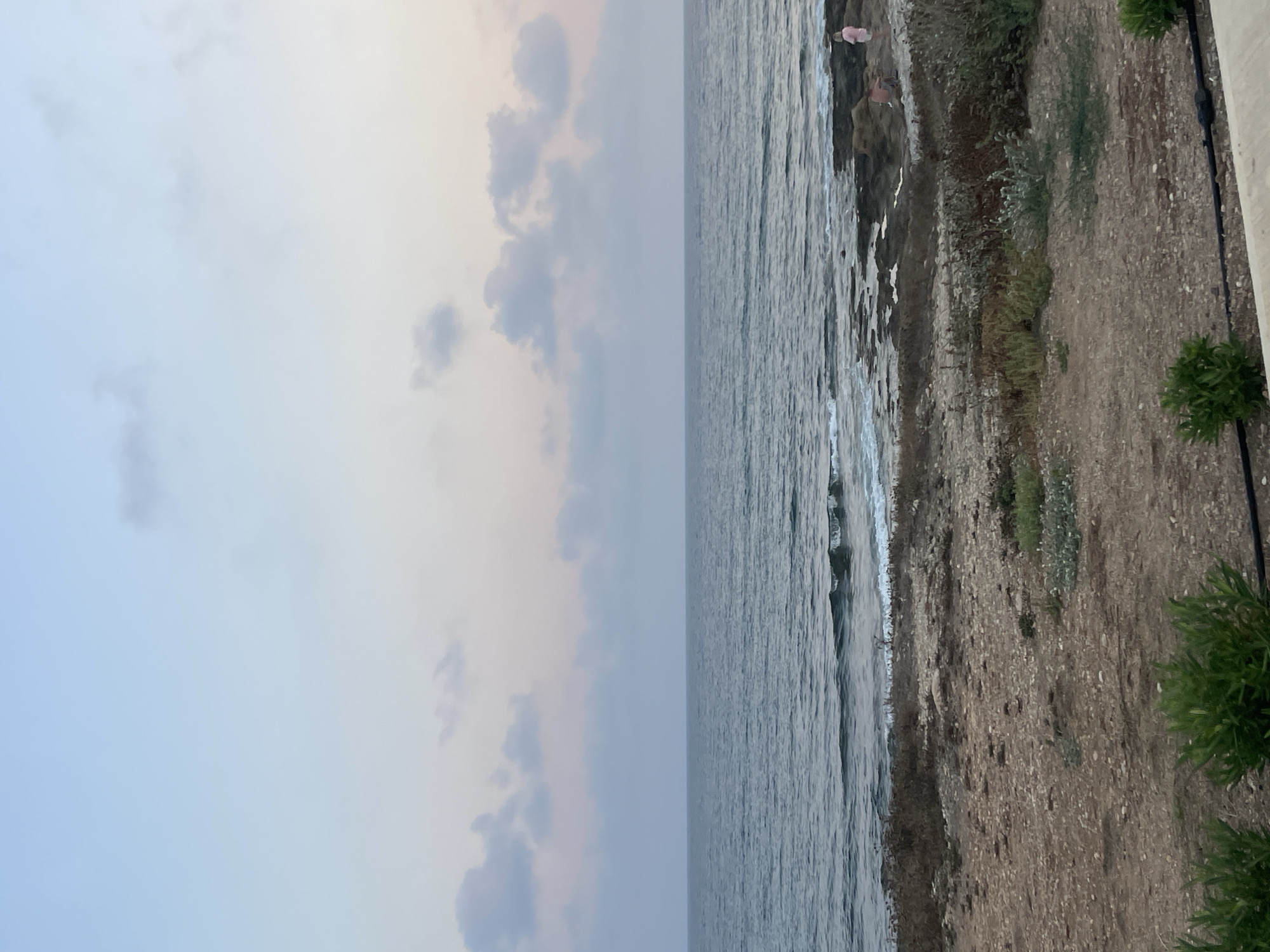 This image depicts a serene coastal landscape at dusk, likely in Paphos Municipality, Cyprus, given the characteristic rocky shoreline and Mediterranean vegetation. The scene is dominated by the vast expanse of the sea, with gentle waves lapping against the shore. The sky above transitions from a pale blue near the horizon to soft hues of pink and lilac, indicative of sunset or sunrise. Scattered, fluffy clouds drift across the upper portion of the sky.
The foreground features a rugged, natural terrain composed of sand, pebbles, and scattered dry and green vegetation, typical of coastal flora in Cyprus. A rocky outcrop extends into the sea, forming a natural breakwater. On this rocky area, two individuals are visible. One person, wearing a light-colored shirt and shorts, is seated. Another person, wearing a pink garment, is standing near the water's edge.
The overall impression is one of tranquility and natural beauty, capturing a quiet moment by the sea.