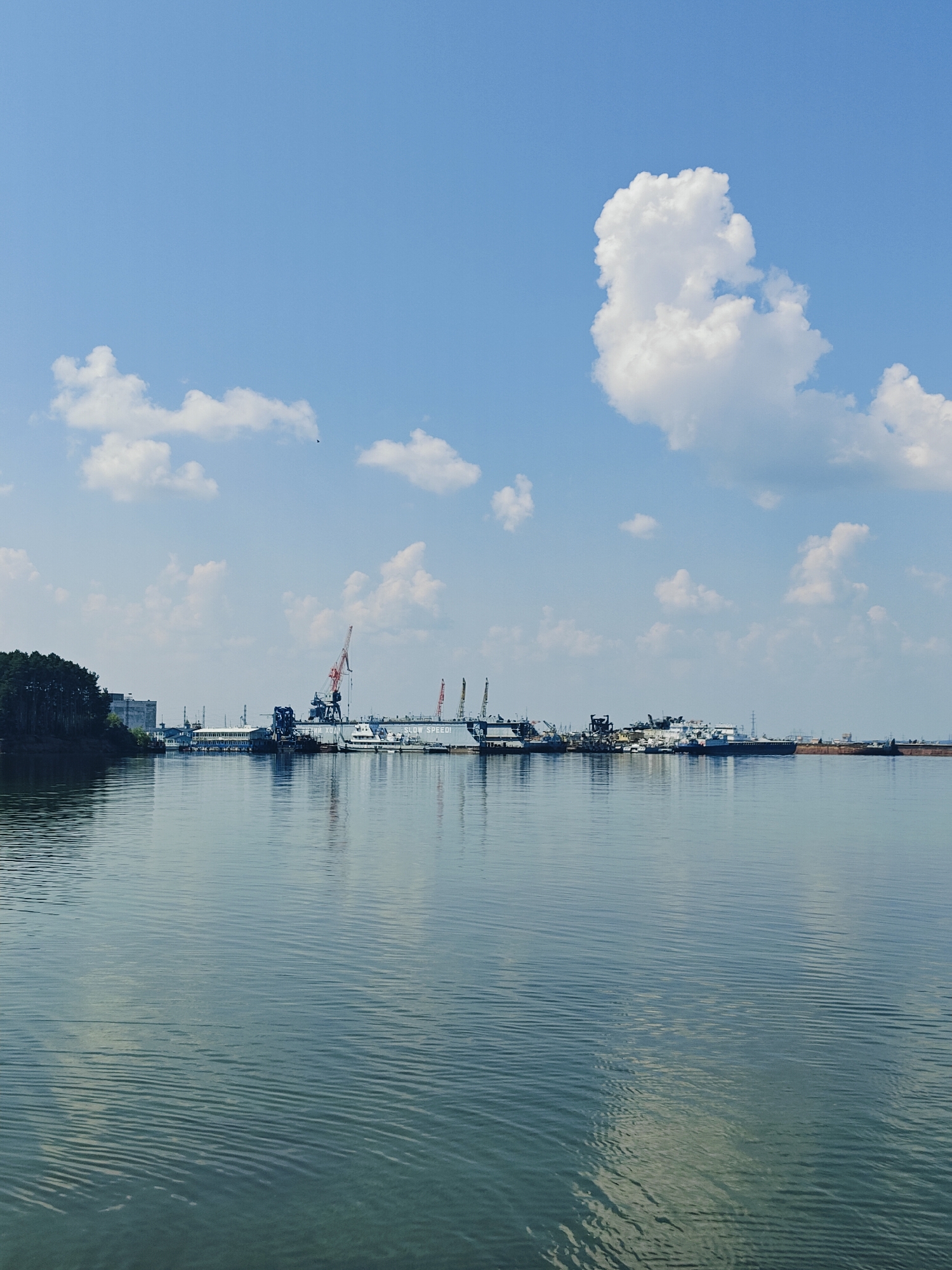 The image shows a wide, calm body of water reflecting a blue sky with scattered white clouds. Along the far bank, a cityscape with industrial elements is visible, including several cranes, buildings, and a line of docked ships or barges. On the left side of the frame, a dense line of trees forms a dark green embankment. The water's surface is rippled, suggesting a gentle breeze. The scene appears to be a harbor or industrial port area. The specific location is the Kama River, near the city of Chaikovsky, Russia, which is known for its industrial activity and river port. No people are clearly visible in the image.