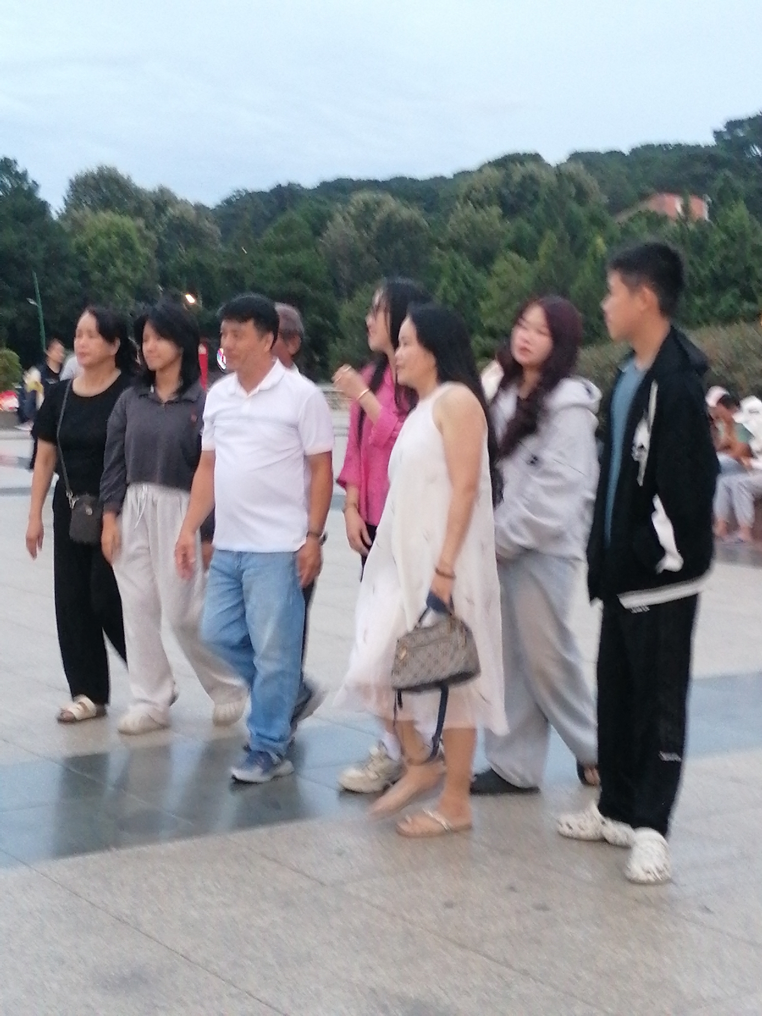 A group of people are walking on a paved walkway in Da Lat, Vietnam. The people are of various ages and are dressed casually. In the foreground, a woman in a black dress and a man in a white polo shirt and blue jeans are walking side-by-side. To their right, a woman in a white dress is holding a handbag. Behind them, other individuals are also walking, some partially obscured. The background features lush green trees and a cloudy sky.