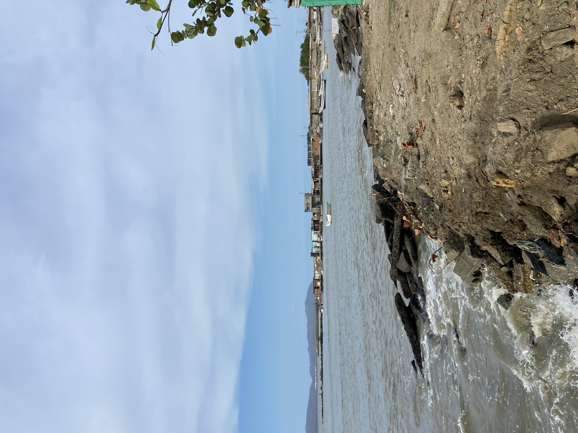 The image shows a coastal scene in Higuerote, Venezuela. The foreground features a rocky shoreline with waves crashing against it. Beyond the shoreline is a body of water, possibly a river or bay, with a line of buildings along the opposite bank. These buildings appear to be a mix of residential and commercial structures, with a backdrop of distant mountains. The sky is partly cloudy. A tree branch with green leaves is visible in the top left corner of the image. The perspective is from the shoreline, looking towards the buildings and mountains.