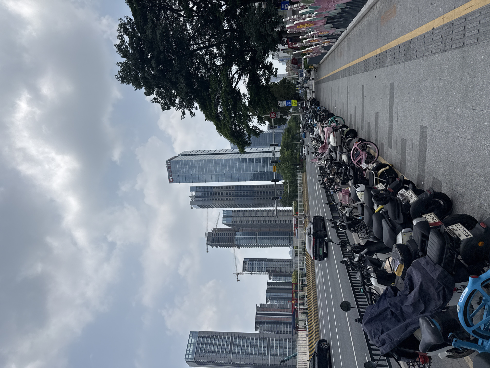 This image captures a bustling urban street scene in Tianhe District, China, on an overcast day. Although the photograph is oriented vertically (rotated 90 degrees clockwise), the depicted scene is a landscape view.
In the foreground, a long, dense row of parked electric scooters and shared bicycles lines a paved sidewalk. Many of these vehicles display Chinese license plates with alphanumeric combinations, such as "M55223," "X984B," and "FP6436." A bright blue shared bicycle is partly visible at the end of the line. The sidewalk features a textured yellow tactile paving strip.
Adjacent to the sidewalk is a multi-lane asphalt road with clear white lane markings and a yellow and black striped barrier separating it from oncoming traffic. Several dark-colored cars, including a black sedan, are visible on the road.
In the background, a modern cityscape unfolds with numerous high-rise buildings. Some are completed structures with glass facades, while others are clearly under construction, indicated by visible scaffolding and large cranes against the sky. A prominent, large tree with dense green foliage frames the upper left portion of the scene.
The sky is heavily overcast with a mix of light and dark gray clouds, suggesting a cloudy daytime. Visible details include street signs with Chinese characters and a red circular symbol likely indicating "no stopping" or "no parking." The overall scene depicts typical urban activity, with emphasis on transport infrastructure and ongoing development.