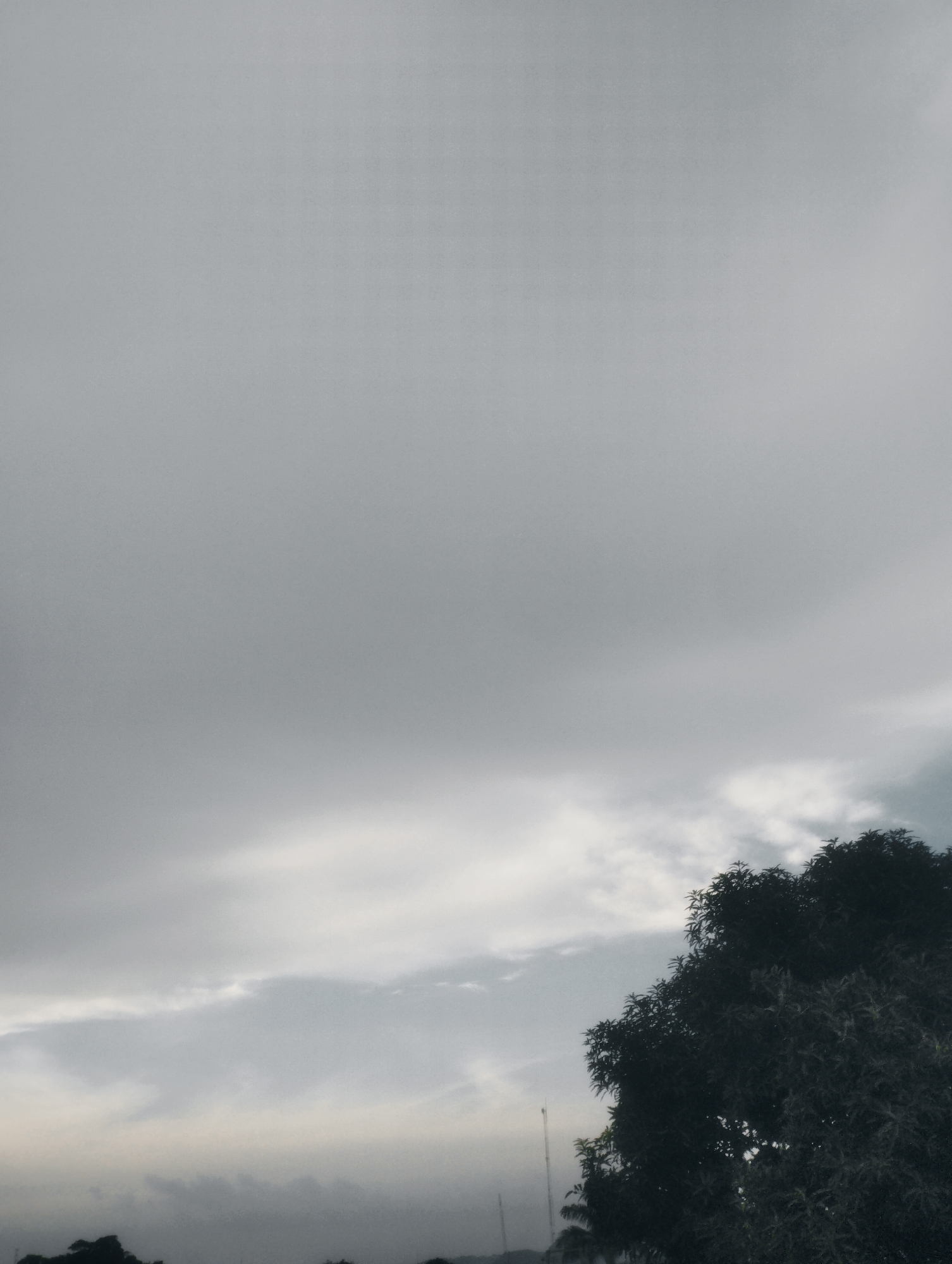 The image depicts a view of the sky and a portion of a tree line. The sky is overcast with heavy gray clouds, suggesting a subdued or potentially stormy atmosphere. The upper portion of the image is dominated by the uniform gray of the clouds. Lower down, layers of clouds are visible, with some appearing darker and more dense than others. In the bottom right corner, the dark silhouette of a large, leafy tree is prominent. To the left of the tree, a sliver of the horizon shows darker shapes that could be distant trees or structures, and a thin, vertical object, possibly a utility pole or antenna, is also visible. The overall scene is monochromatic and lacks any signs of human activity or specific landmarks that would pinpoint a location within Jos, Nigeria.