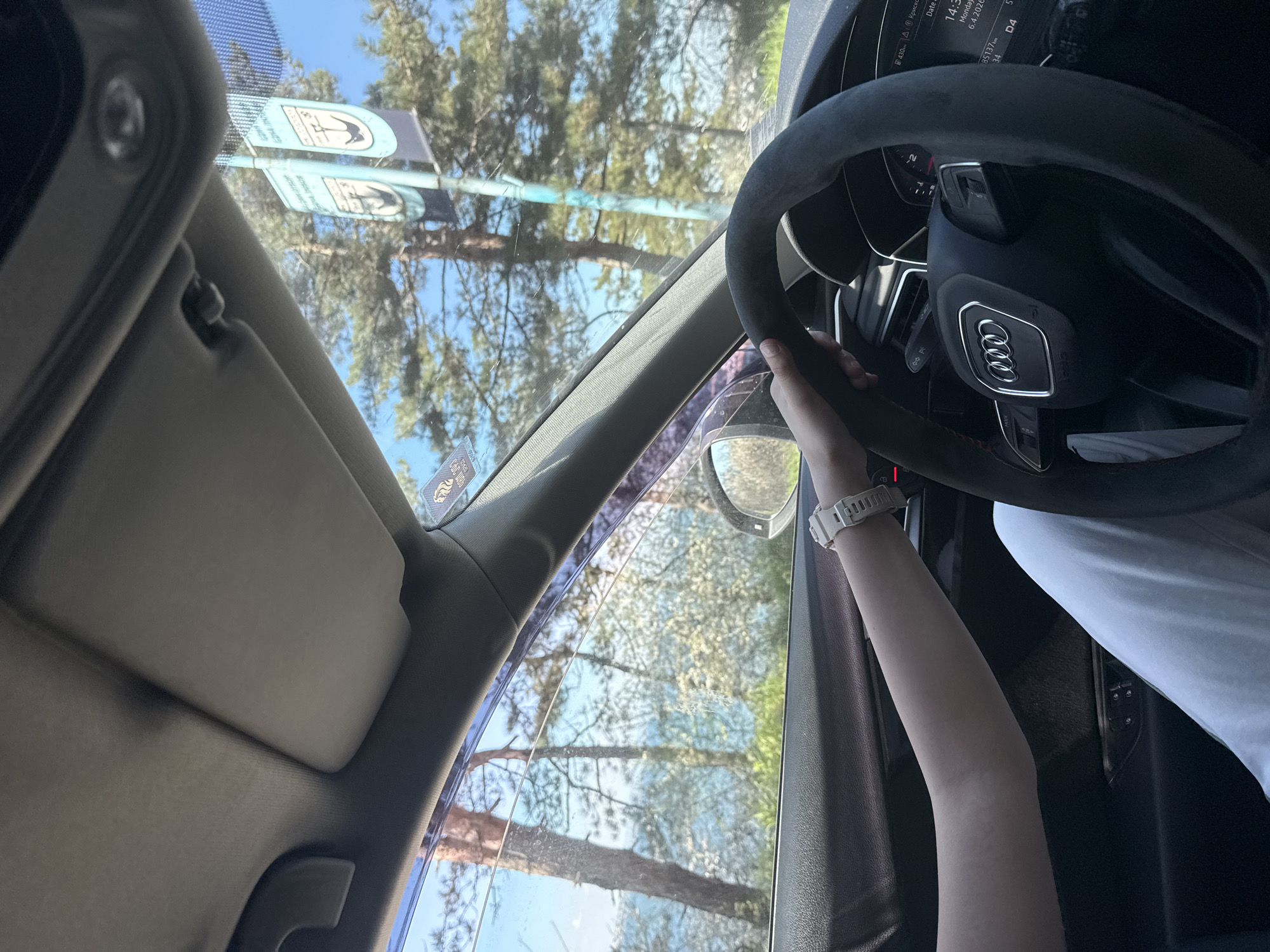 A view from inside a car, showcasing the driver holding the steering wheel with an Audi logo. Outside the window, trees and a blue sky are visible, along with a sign with a bird design. The dashboard is partially visible, displaying some car information. A person's arm and a white watch are also in the frame. The location might be Sozopol, Bulgaria, based on potential environmental cues or the sign's design, though definitive confirmation is lacking from the provided image.