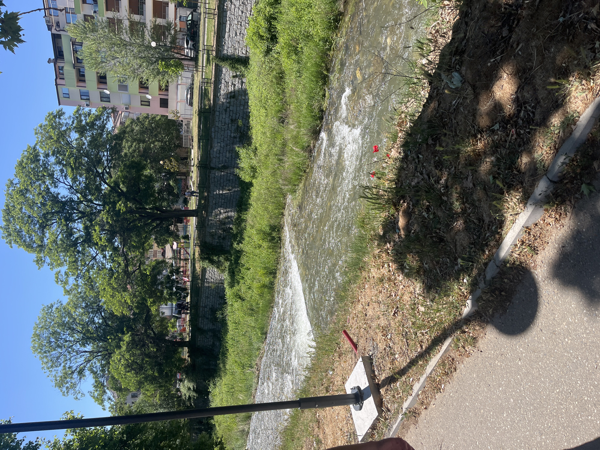 The image shows a stream flowing through Blagoevgrad, Bulgaria. Buildings are visible in the background, along with trees and greenery along the stream banks. A paved path is adjacent to the stream. There is a pole, possibly from a sign or barrier, on the side of the path next to the stream. People are visible in the background by a bridge.
