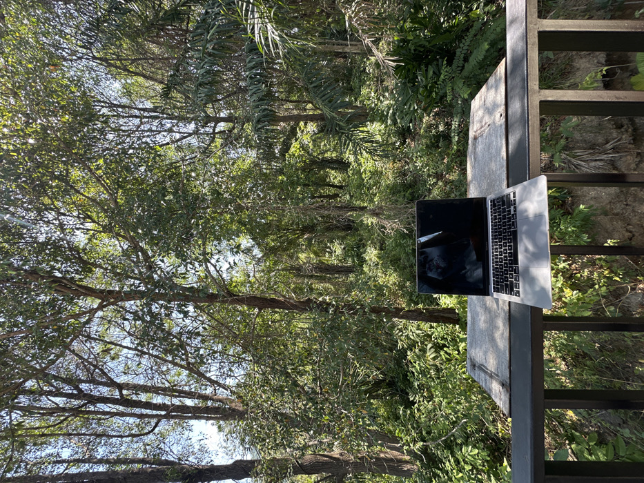 An open silver laptop, consistent with a MacBook model, is positioned on a weathered wooden surface in an elevated outdoor setting in Phra Ae, Thailand. The laptop's dark screen displays ambient reflections, and its keyboard is visible. The wooden surface, which appears to be a table or shelf, is situated above a dark metal railing composed of vertical and horizontal bars. The laptop's front edge extends slightly beyond the wooden surface and over the railing. The background consists of a dense, lush tropical forest under bright daylight conditions, characterized by numerous tall trees with vibrant green foliage and sunlight filtering through the canopy. No individuals are present in the scene.