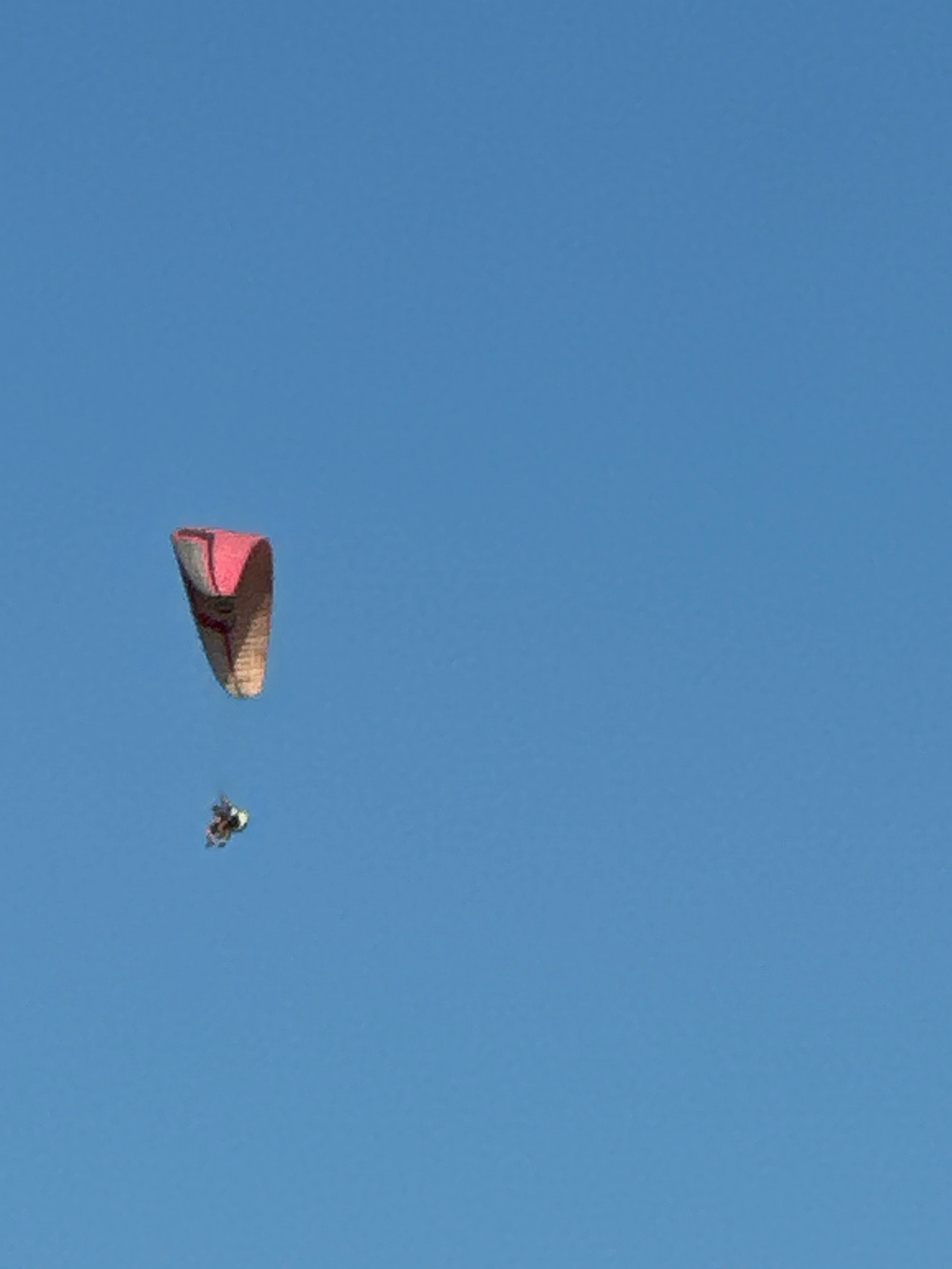 In the city of Boreti, Montenegro, a person is paragliding against a clear blue sky. The paraglider's wing is a vibrant pink and beige, catching the sunlight as it descends. Below the wing, a small figure of the paraglider can be seen suspended in the air, appearing to be in control of their flight. The vast expanse of the sky stretches out behind them, creating a sense of freedom and adventure. The scene captures a moment of exhilarating aerial activity, showcasing the beauty of paragliding against the backdrop of Montenegro's stunning scenery.