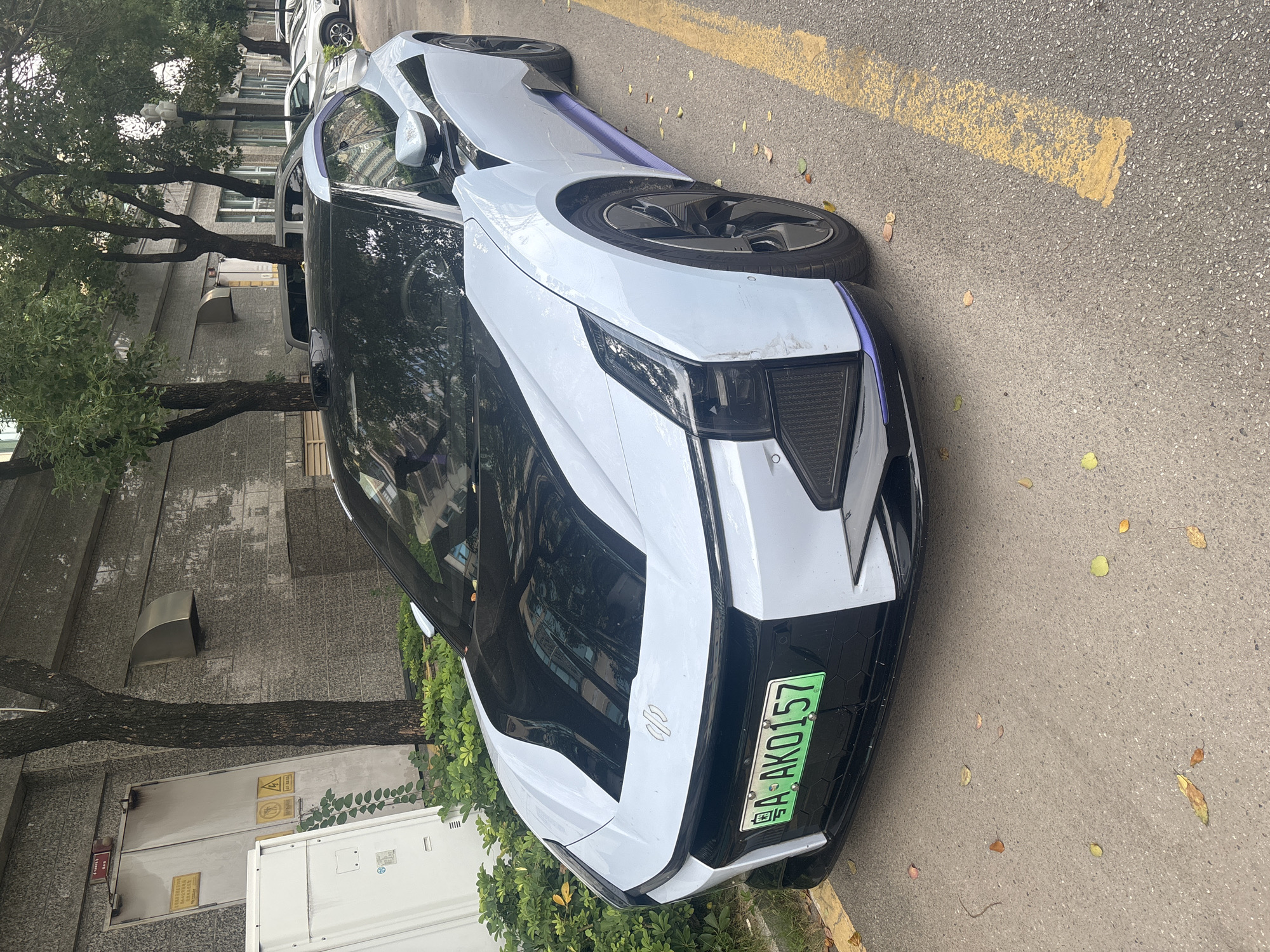 A light blue and black electric sports car is parked on the side of a paved road in Nanhai District, China. The car is facing forward and is positioned slightly to the right of the frame. The front of the car features a prominent black hood with a silver emblem. A green license plate with Chinese characters and the alphanumeric sequence "AK0157" is affixed to the front bumper. The car has sleek, modern headlights and a low-profile design. Purple accents are visible along the lower side panels and front splitter.
The car is parked next to a sidewalk lined with lush green bushes and several trees with visible bark patterns. Behind the bushes and trees is a grey, textured building with a white electrical cabinet attached to its facade. The building appears to be an industrial or commercial structure. The road is marked with a thick yellow line, indicating a parking or lane boundary. Scattered yellow and brown leaves are present on the asphalt, suggesting an autumn season. In the background, other parked cars are visible along the street, as well as more trees and building facades, indicating an urban environment. The lighting suggests it is daytime, possibly late afternoon or early morning, with overcast skies contributing to the diffused light. No people are visible in the immediate vicinity of the car.