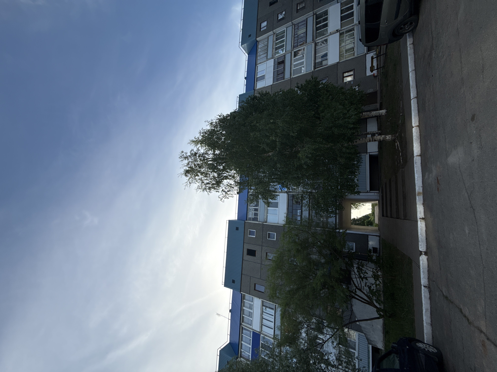 The image shows a low-angle view of a building in Марковский, Russia. The building has a grey facade with blue accents and multiple windows. A large tree partially obscures the view of the building. A sidewalk and a road are visible in the foreground, with a car parked on the side of the road. The sky is blue with some clouds. A passage exists between two blocks.