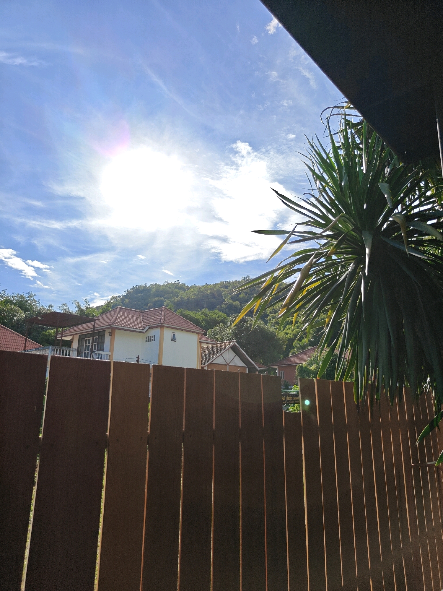 A wooden fence dominates the foreground of this outdoor scene, with vertical planks of varying shades of brown casting long shadows. Beyond the fence, a cluster of houses with reddish-brown tile roofs are nestled amongst lush green trees. In the background, a verdant, tree-covered hill rises under a bright blue sky dotted with wispy white clouds. The sun, partially obscured by clouds, shines brightly in the upper left quadrant, creating a lens flare effect. A large, spiky green plant is visible on the right side of the frame, partially obscuring the sky and houses. The overall scene suggests a suburban or rural residential area, possibly in a tropical or sub-tropical location, given the vegetation and the bright sunlight. The location is identified as Khao Yai, Thailand.
