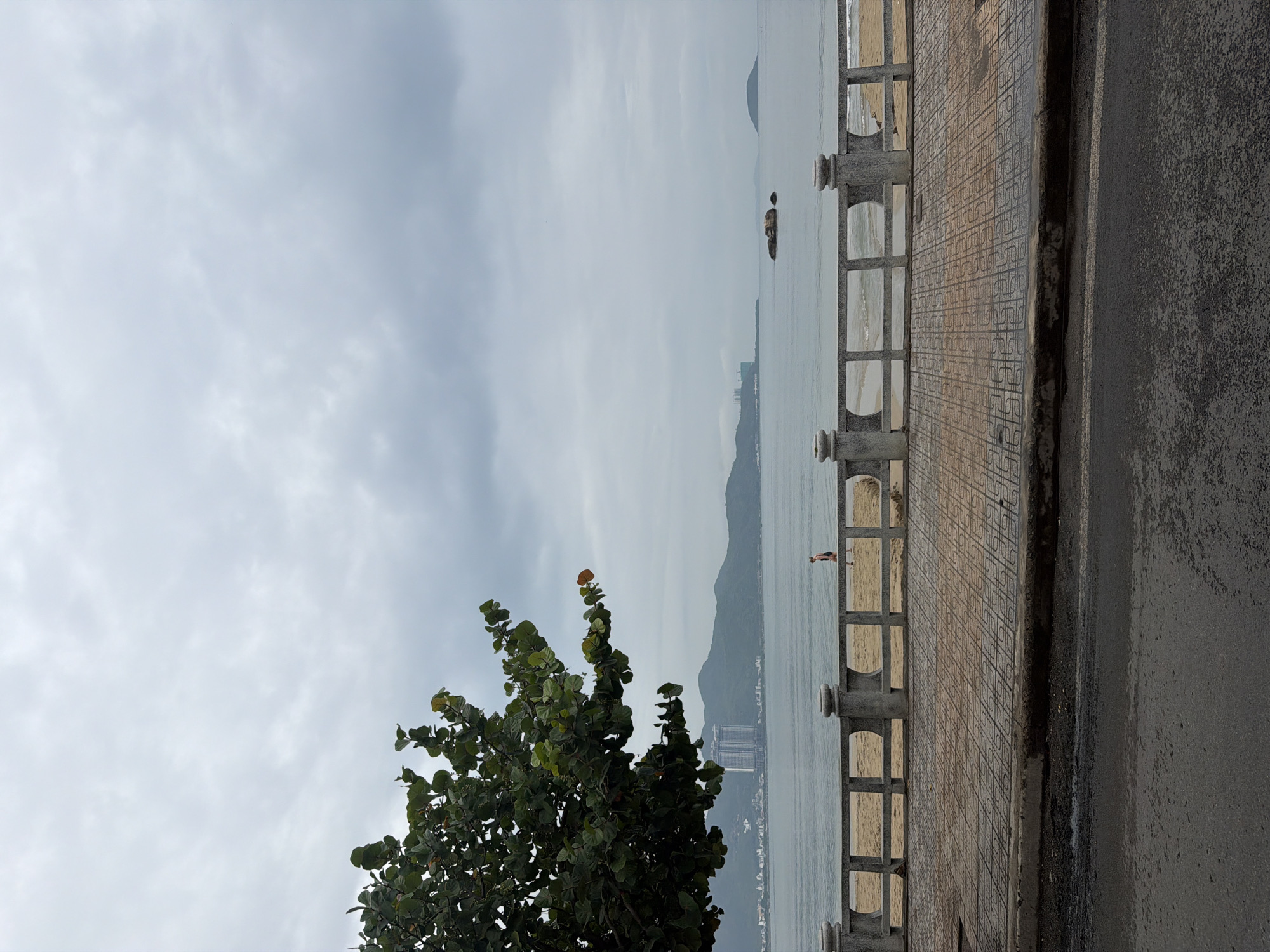 The image captures a serene coastal scene under an overcast sky, viewed from a sidewalk running parallel to the sea. In the immediate foreground, on the left, a large, leafy green tree dominates a portion of the frame. To the right, an asphalt road runs alongside a patterned concrete promenade or sidewalk, which is bordered by a sturdy stone balustrade with ornate square cut-outs and rounded posts.
Beyond the balustrade, the calm, grey-blue sea extends towards the horizon. A lone individual is visible in the water close to the shore, appearing to be wading or swimming. Further out, a small rock formation or islet breaks the water's surface. In the distant background, mountains rise majestically from the coastline, with some urban development, including high-rise buildings, discernible at their base. A larger, dark object, possibly a ship or a more distant island, can be seen on the water towards the far horizon.
The sky is uniformly covered with light grey clouds, suggesting an overcast day with soft, diffused lighting. The overall mood conveyed by the scene is tranquil and peaceful. There is no visible text in the image. This snapshot presents a typical coastal landscape, characteristic of Bac Nha Trang Ward, Vietnam.
