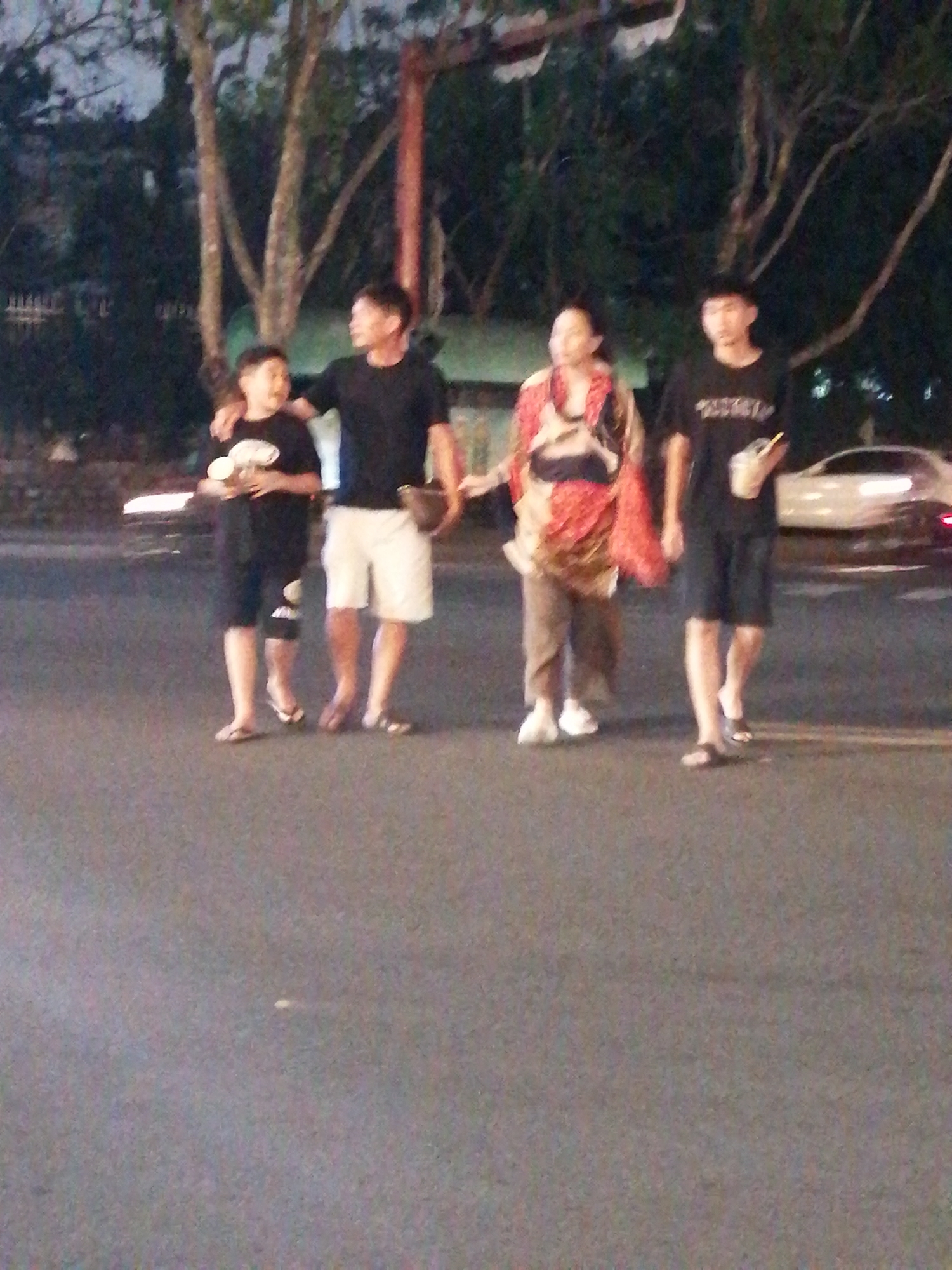 Four people are walking on a street at dusk. From left to right, there is a boy in a black t-shirt and shorts, a man in a black t-shirt and white shorts, a woman in a patterned red and beige outfit and brown pants, and another boy in a black t-shirt and dark shorts. The people appear to be walking together, possibly as a family or group of friends. The boy on the far left is holding a white cup. The boy on the far right is also holding a white cup with a straw.
The scene is outdoors, with trees and foliage visible in the background. Streetlights are on, indicating it is evening. A white car is visible in the background, suggesting a roadside setting. The ground is paved, likely a road or sidewalk. The overall impression is a casual evening stroll in a moderately populated area. The time of day is clearly dusk or early evening due to the artificial lighting and the dim natural light. The weather appears to be clear. There is no visible text in the image.