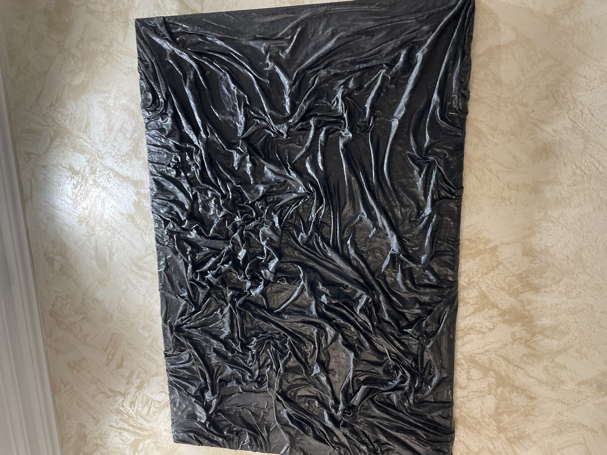 A photograph depicts a rectangular black sculpture, seemingly made from tightly wrinkled plastic sheeting, mounted on a beige textured wall. The sculpture is positioned vertically, taking up a significant portion of the frame, with the wall visible on either side. The left side of the frame shows a white door frame. The photograph may have been taken indoors in Лесной Пейзаж Кп (шарапово), Russia. There are no people visible in the photo.