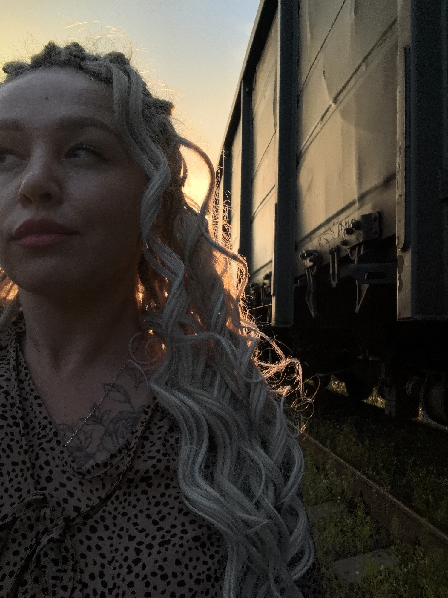 A woman with blonde, braided hair and light skin is seen from the chest up, looking to her left. She is wearing a spotted top and a silver necklace with a pendant. A tattoo is visible on her neck. To her right is the side of a dark-colored train car, seen from the side, with visible bolts and latches. The train is on tracks, with grass and weeds growing around them. The sun is setting, casting a warm glow on the woman's hair and the train car, creating long shadows. The sky is a pale yellow and blue. The overall mood is serene and slightly melancholic. The photo was taken in Chaikovsky, Russia.