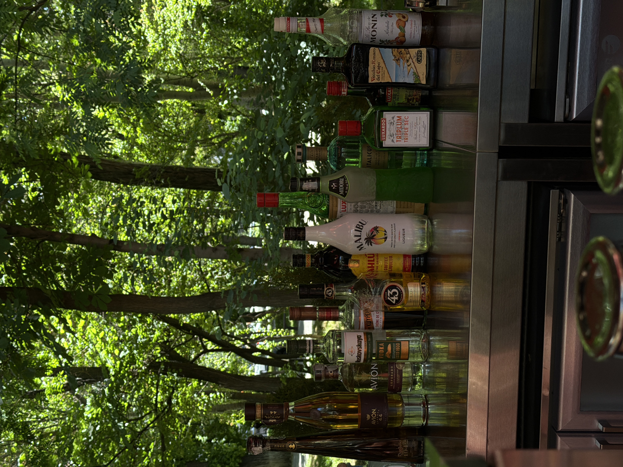 The image shows a bar setup, possibly outdoors, with various liquor bottles displayed on a stainless steel countertop. The bottles include brands like Don Julio, Avion (44 and Reposado), Moskovskaya vodka, Kuyper Crème de Cassis, Licor 43, Kahlua, Malibu, Midori, Italicus, Luxardo Triplum Triple Sec, Luxardo Amaro Abano, Vecchio Amaro del Capo, and Monin Cherry syrup. In the background, a lush green canopy of trees suggests an outdoor or garden setting. The photo's composition seems to place the bar against a backdrop of dense foliage. The image may have been taken in Yerevan, Armenia, but this is difficult to confirm based on the image alone.