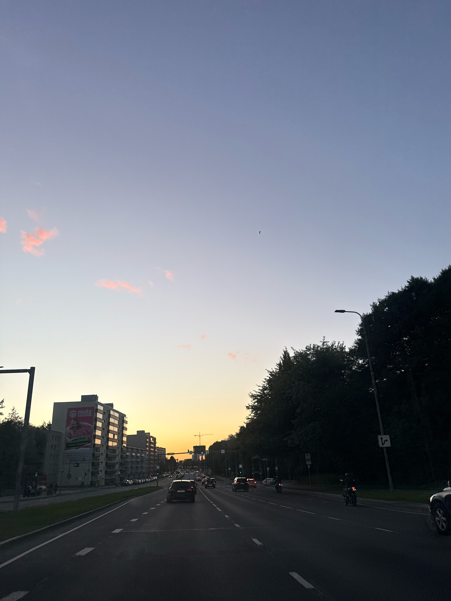 The image captures a view from a vehicle driving along a multi-lane road in Tallinn, Estonia, during what appears to be twilight. The sky is a gradient of soft blues and pale yellows, with a few wispy pink clouds visible on the left side. On the left side of the road, a series of tall, modern apartment buildings are visible, some with illuminated windows. One building prominently features a large advertisement for "Nutz Casino" with images of people. Pedestrians can be seen on the sidewalk in front of these buildings.
The road itself has clear lane markings and is populated with various vehicles, including cars and motorcycles. Some vehicles have their headlights on, indicating the fading light. On the right side of the road, a dense line of dark trees forms a natural barrier, with a tall lamppost visible amongst them. Further down the road, traffic lights and road signs are present. A construction crane is also visible in the distance. The overall scene depicts a typical urban environment at dusk, with ongoing traffic and residential buildings.