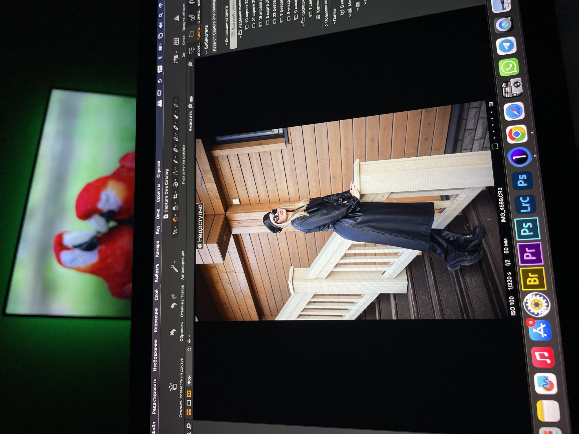 The image shows a screen displaying a photo editing application (Capture One) on a Mac device. A photograph of a woman in a black outfit posing on a wooden staircase is being edited in the application. The photo is taken in an outdoor environment, possibly in a cottage or cabin setting with wooden walls and stairs.
To the left of the Mac screen, there is a TV screen displaying an image of two red parrots with green lighting in the background.
The dock at the bottom of the Mac screen displays various applications, including Finder, Music, Safari, Chrome, Capture One, Adobe Photoshop, Lightroom, and others. The menu bar at the top shows options like "File," "Edit," "Image," "Adjustments," "Layer," "Select," "Camera," "View," "Window," and "Help," as well as standard system icons like Wi-Fi, Bluetooth, and battery status.
There is no evidence of the city of Kazan, Russia.