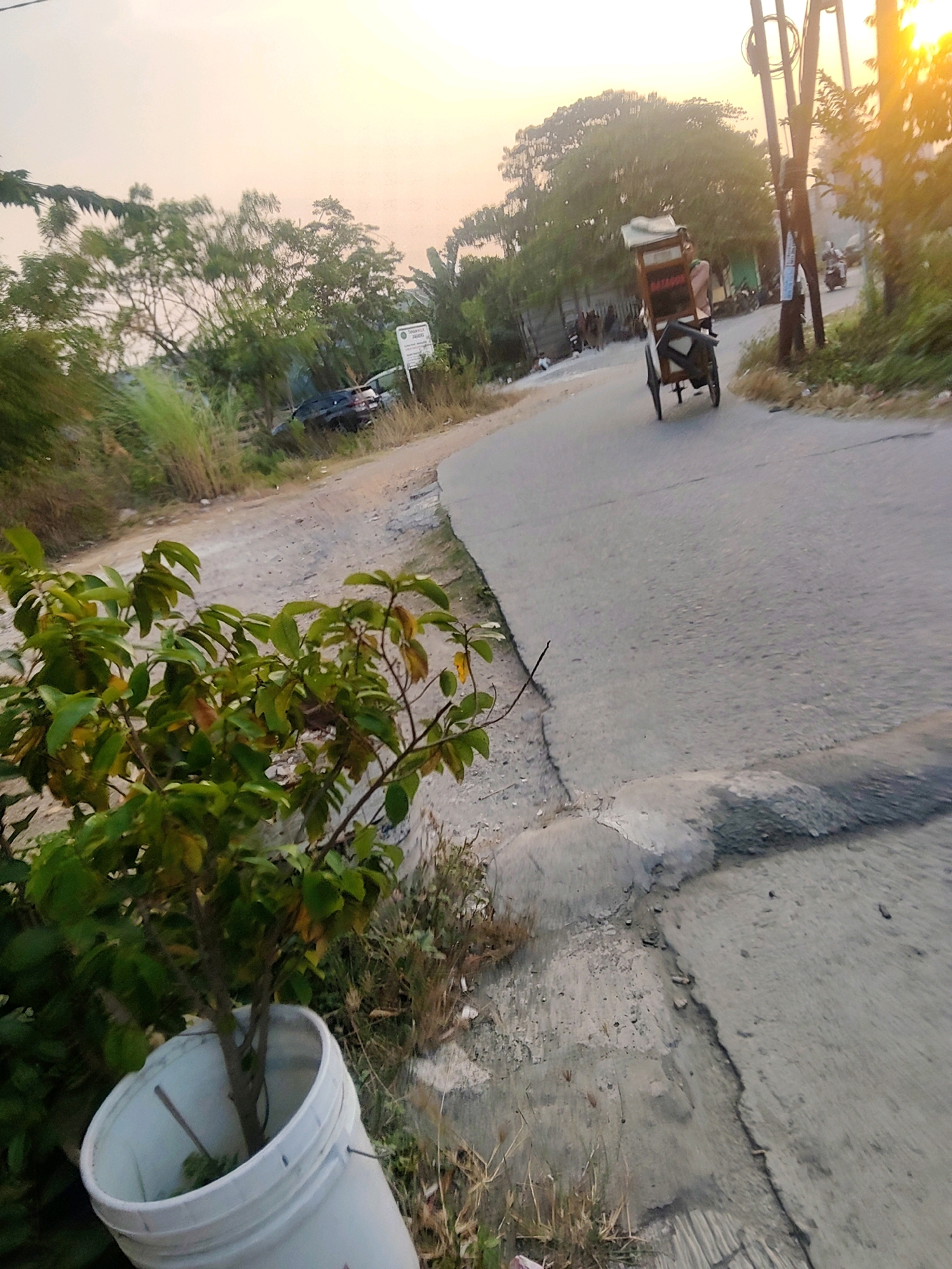 The image depicts a street scene in Mekarmukti, Indonesia, during the golden hour, with the setting sun casting a warm glow. In the foreground, a potted plant in a white bucket is visible. The road, with cracks and debris, curves towards the right of the frame. A rickshaw driver is seen pulling a rickshaw loaded with goods along the road. Trees line the left side of the street, and a few parked vehicles are present further down. Electrical poles with wires are also visible along the roadside. The sky is a soft orange and yellow, indicating sunset.