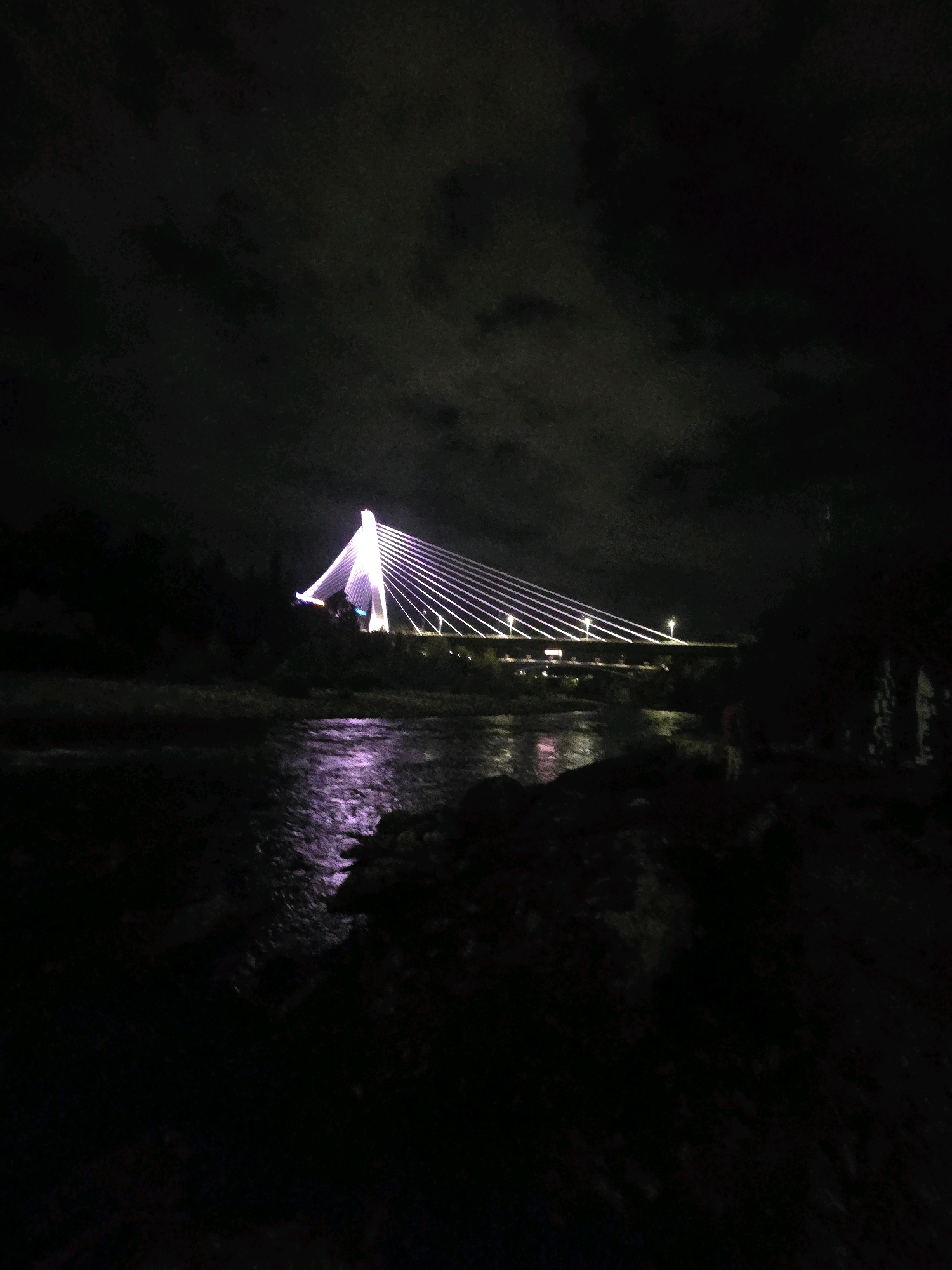 A nighttime scene shows a cable-stayed bridge illuminated with purple lights. The bridge has a single pylon with cables radiating outwards to support the deck. The lights from the bridge reflect on the surface of a body of water in the foreground. The background is dark, with some trees visible on the left side of the image. The sky is overcast. The scene appears to be an outdoor urban setting at night.