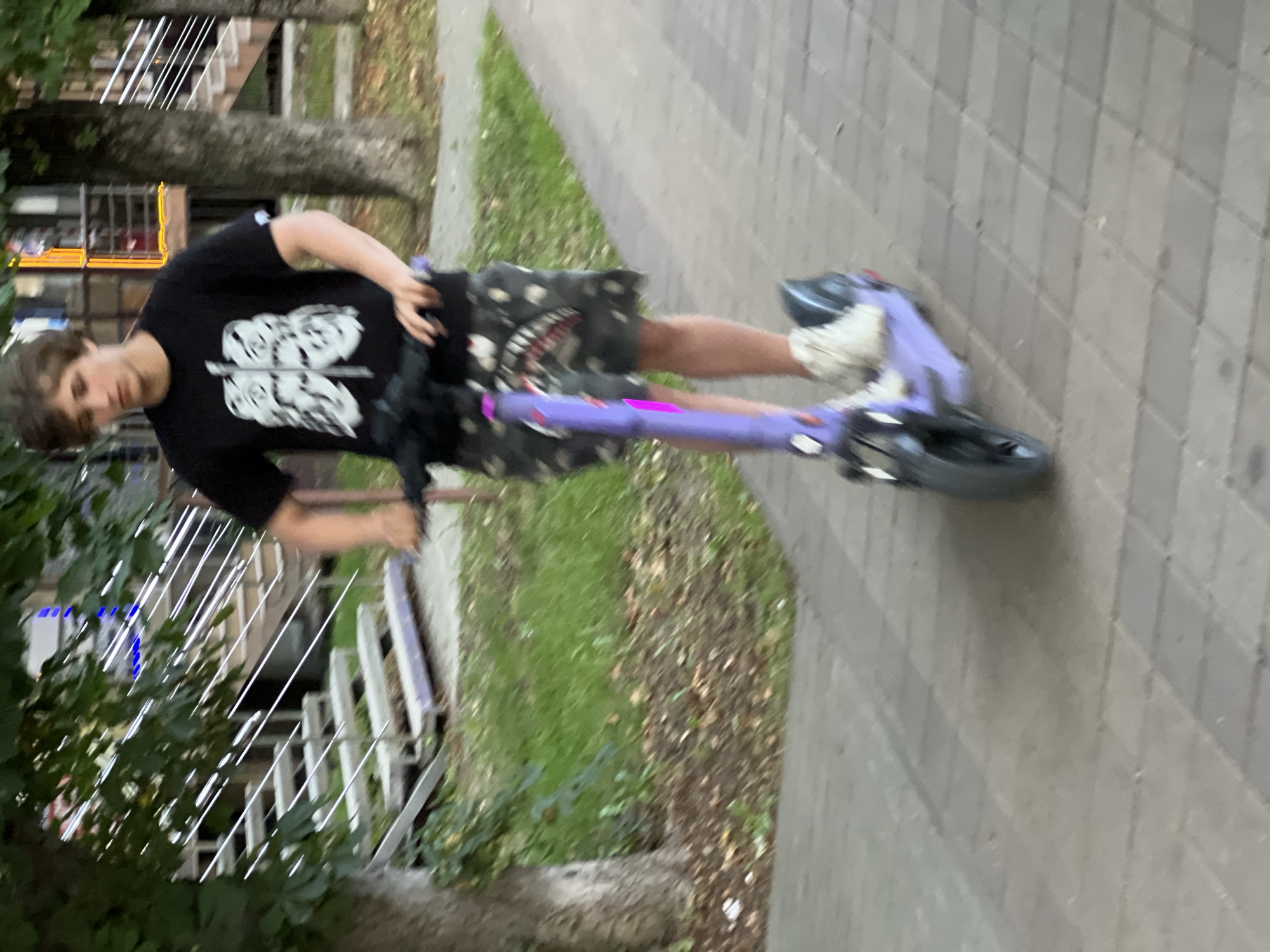 A young Caucasian male with medium-length brown hair is riding a purple electric scooter down a paved walkway. He is wearing a black t-shirt with a white graphic of lungs and camouflage shorts with a shark mouth design. The scooter has black handlebars and wheels, and a black kickstand. The walkway is made of interlocking grey and beige pavers. To the left of the walkway, there is a grassy area with fallen leaves and a large tree. Behind the tree, there is a set of white outdoor stairs with metal railings, leading up to a building with a yellow frame. To the right of the walkway, there is another tree and more grass. The image appears to have been taken in a public outdoor space, possibly a park or a street in Krasnodar, Russia, given the context provided. The lighting suggests it is daytime, possibly late afternoon or early evening.