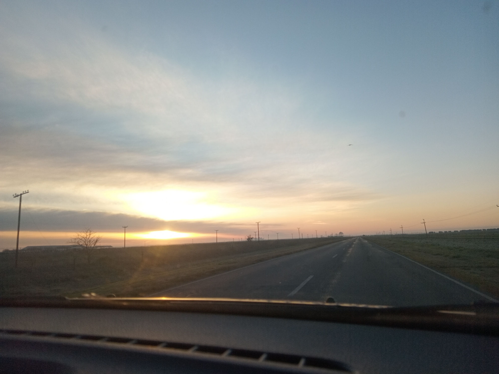 This image shows a view from inside a vehicle looking out at a road stretching towards the horizon during sunrise. The sky is a gradient of soft blues and oranges, with wispy clouds. The sun is low in the sky, casting a bright glow. On either side of the road, there are fields with scattered utility poles. In the foreground, the dashboard of the vehicle is visible. The scene appears to be in a rural or suburban area, given the open fields and lack of dense urban structures. The overall atmosphere is calm and serene.