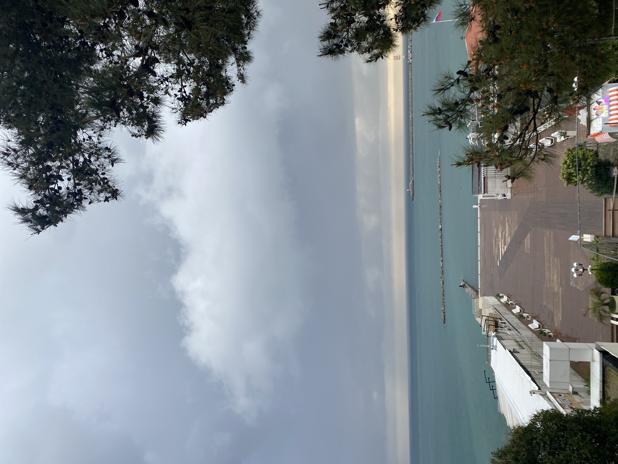 The image shows a view of the Black Sea in Sochi, Russia, looking out from an elevated position. The foreground is framed by tree branches at the top of the image. Below the branches on the right is a pier with white benches and lampposts, a wooden boardwalk, and buildings with white and orange details. To the left of the pier, a stone breakwater extends into the sea. The sea itself is a greenish-blue color, merging with a gray and cloudy sky. The lighting is subdued, suggesting an overcast day.