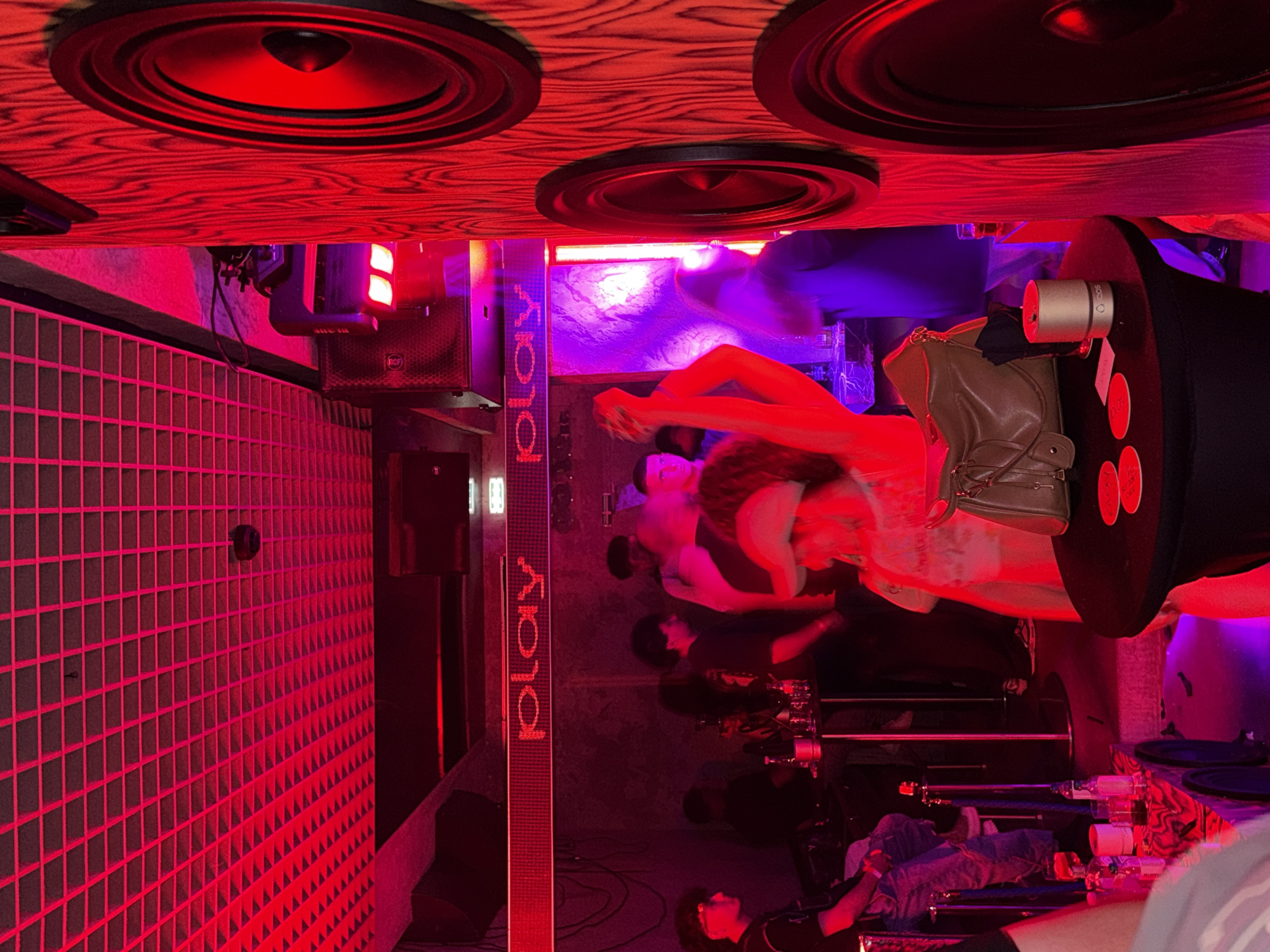 The scene is inside a bar in Sofia, Bulgaria. Speakers are mounted on the ceiling, which is covered in a wood-grain pattern. A light fixture, speakers, and a grid-patterned wall are visible to the left. In the center are people, some sitting at the bar, which is well-stocked with liquor bottles and other bar equipment. A vertical sign with the word "PLAY" on it stands to the left of the bar. Some of the people are standing, and one person has their arms raised. The lighting is dramatic and uses red and purple tones.