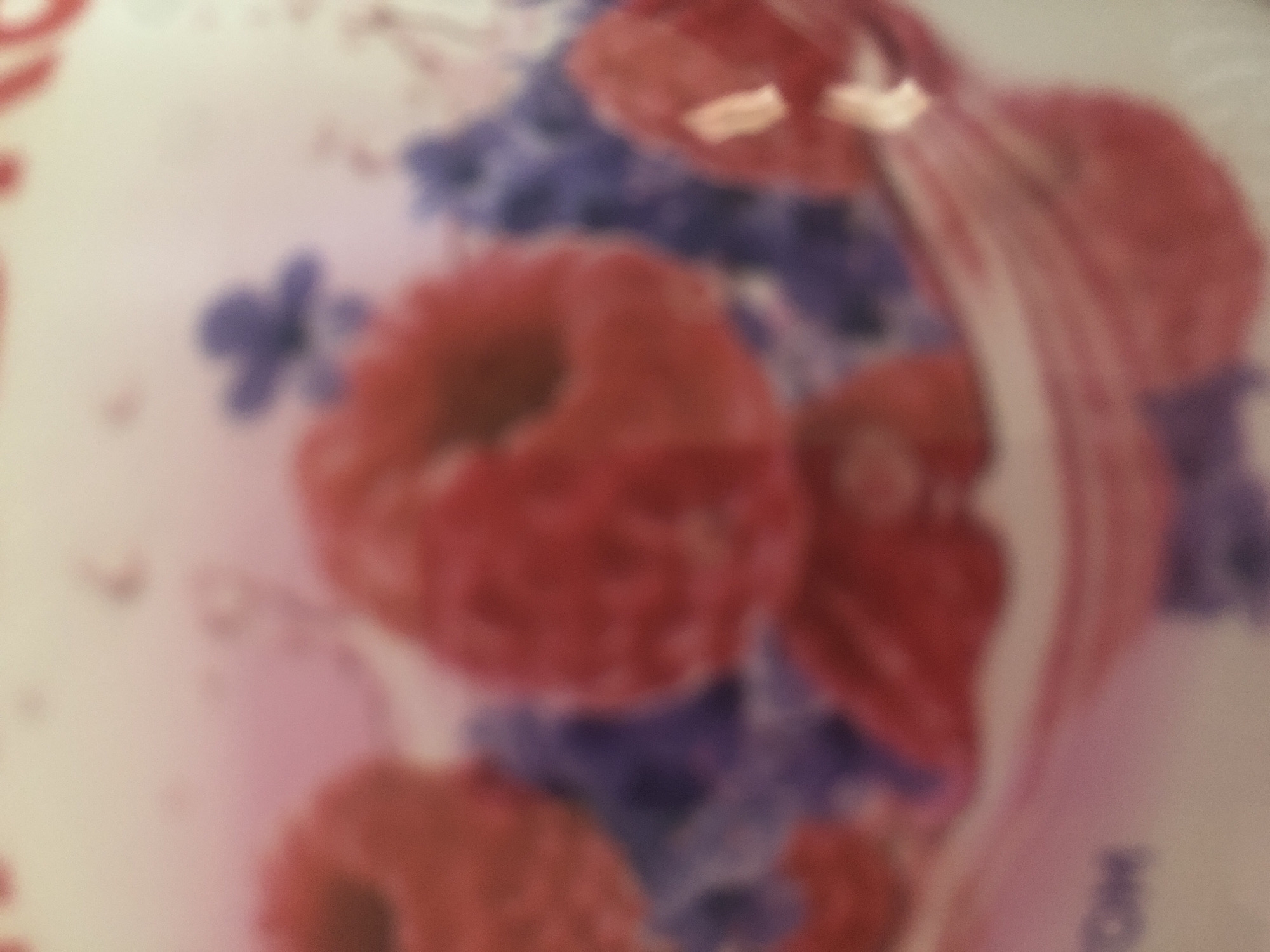 The image is a blurred, close-up shot of a product label, likely for food items. Dominating the foreground are abstract shapes in red and pink, suggesting fruits such as raspberries, possibly arranged in a pattern or forming part of an illustration. Interspersed with these are out-of-focus blue elements, which could represent flowers or other decorative motifs. In the lower left corner, a portion of text is visible, with the letters "OM" being partially discernible. The overall impression is one of a stylized and colorful design, with no specific indication of location in Luka-Meleshkivska, Ukraine.