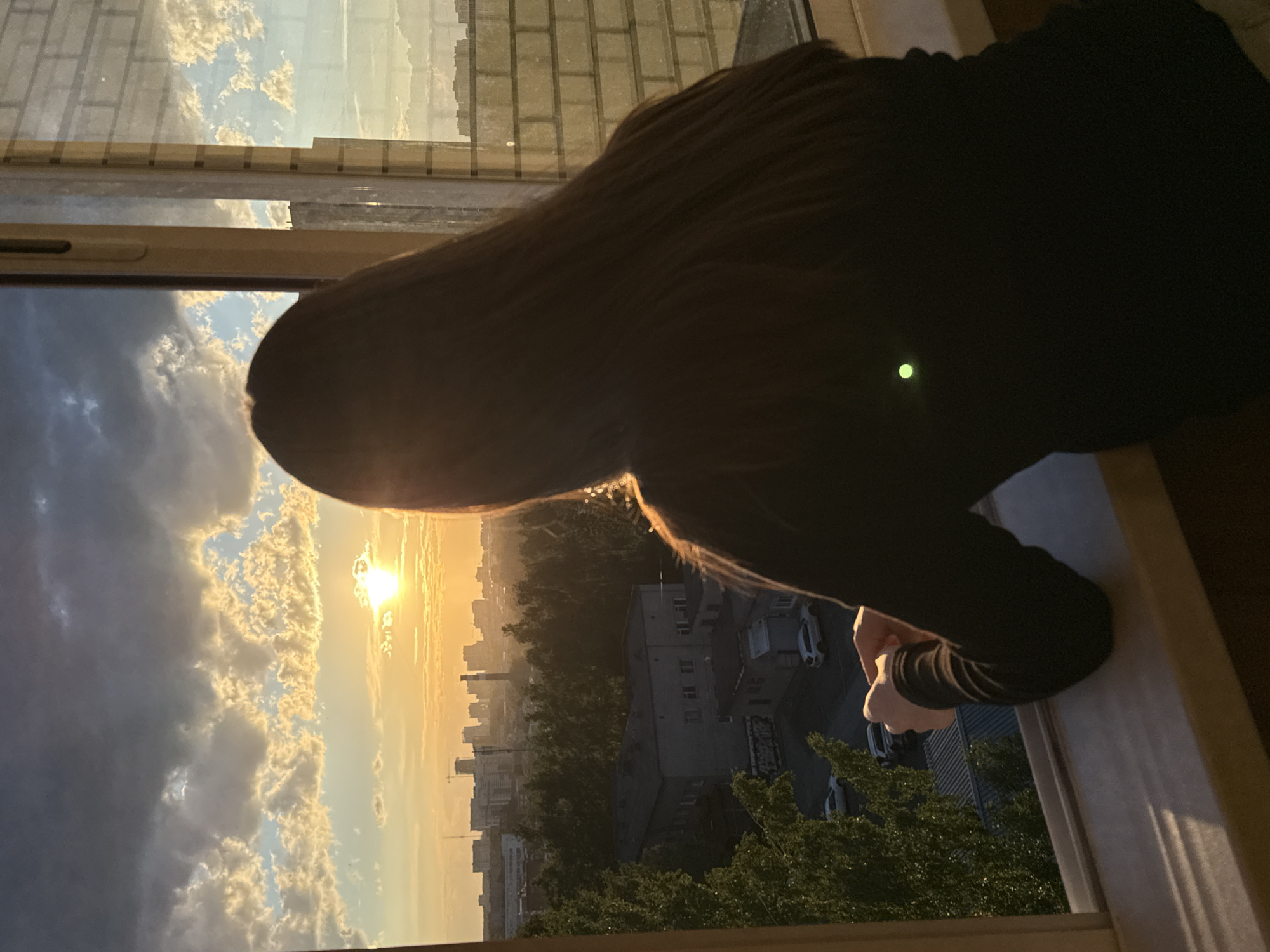 A person, viewed from behind, leans out of an open window, observing a vivid sunset over a city. The individual has long, dark hair and is dressed in a dark, long-sleeved top. A distinct small, bright green light glows on the upper back of their clothing. Their forearms rest on the window frame as they peer into the distance.
The outdoor scene is dominated by a dramatic sky, where the sun sits low on the horizon, bathing the clouds and the distant city in a warm, golden light. Fluffy, brightly lit clouds contrast with darker, heavier clouds, creating a dynamic sky. Below, the urban landscape unfolds with numerous multi-story apartment buildings and lush green trees. Several cars are visible in a parking lot. The architecture suggests a modern or post-Soviet urban setting. The time of day is clearly sunset, as evidenced by the sun's position and the golden hour illumination. The overall mood conveys quiet observation or contemplation of the view. No text is visible in the image.